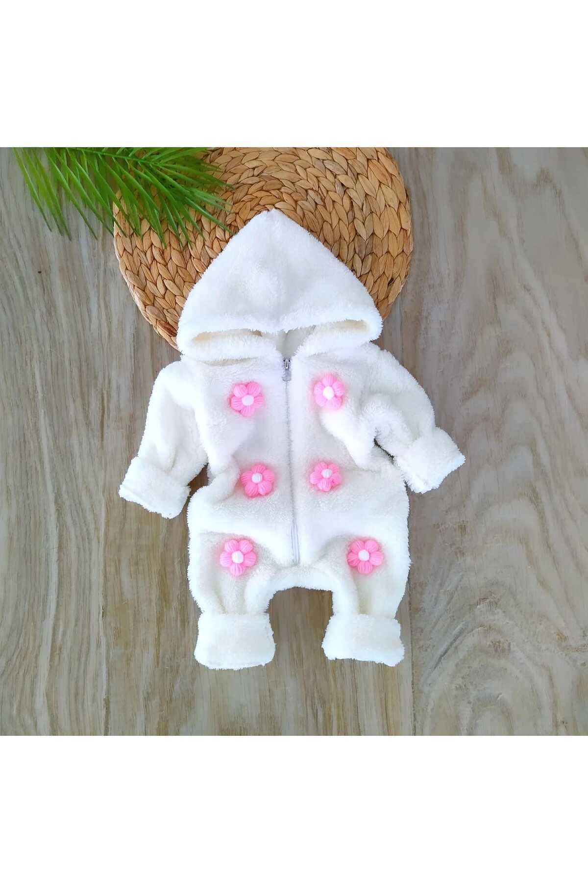 bebe kervanı Kız Bebek %100 Pamuklu Beyaz Düğme Detaylı Kışlık Peluş Tulum BBK1140 fotoğrafı 2 (önizleme)