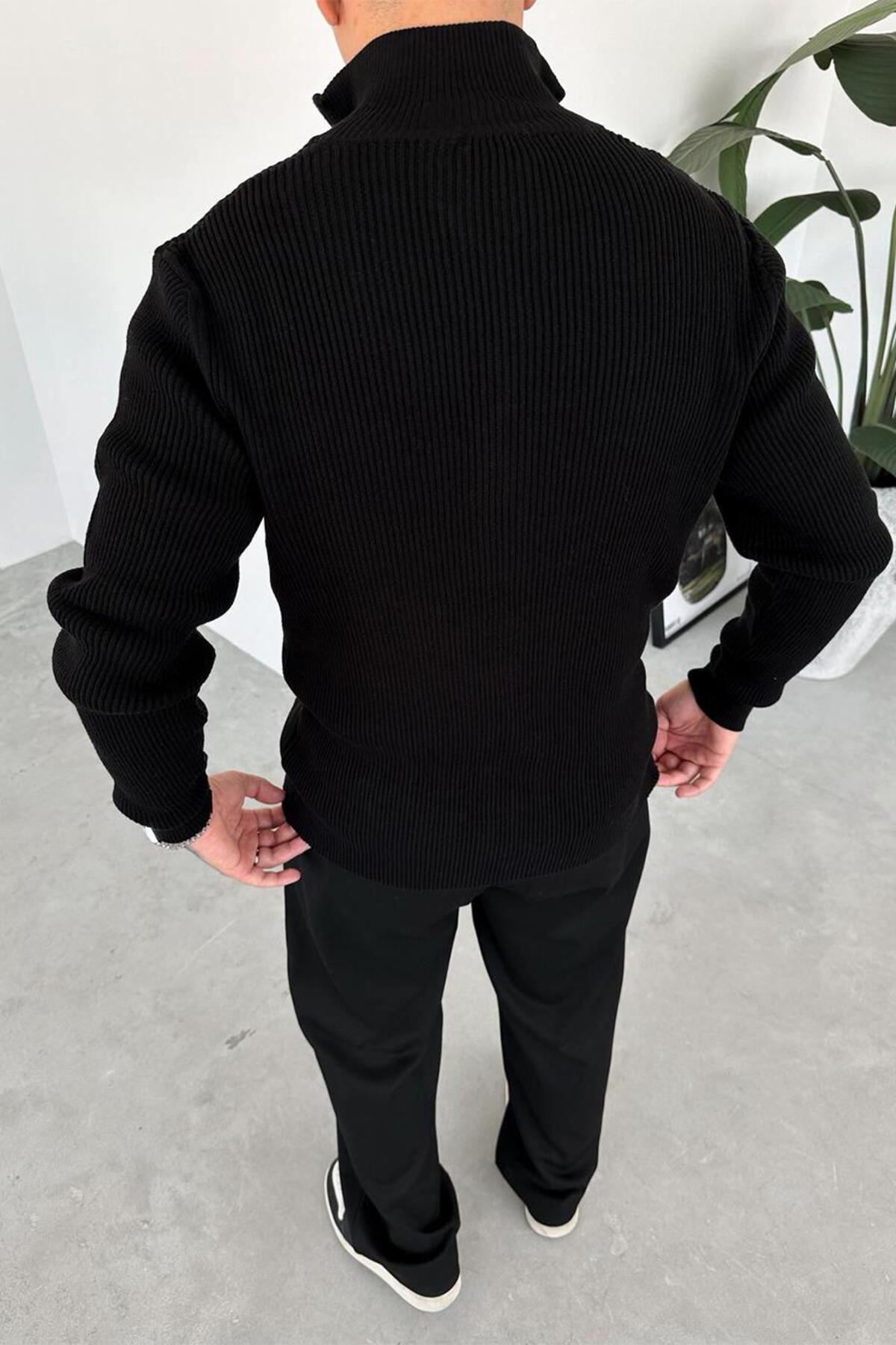 HAFKA  Siyah Tam Fermuarlı Basic Örgü Triko Kazak - Görsel 3