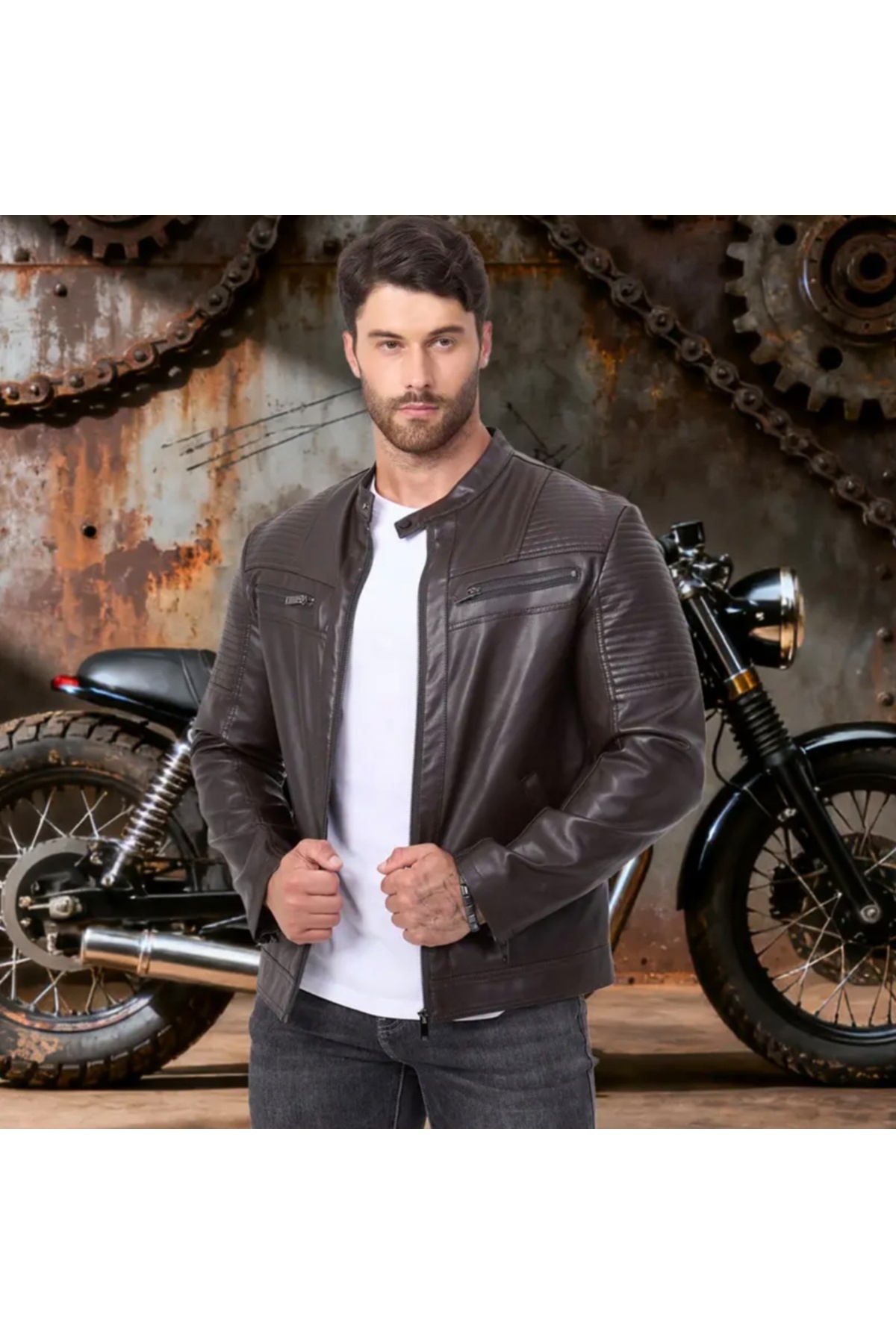 NYC GİYİM TEKSTİL Omuzları ve Kolları Dikiş Detaylı Hakiki Kuzu Derisi Motorcu Mont Kahverengi