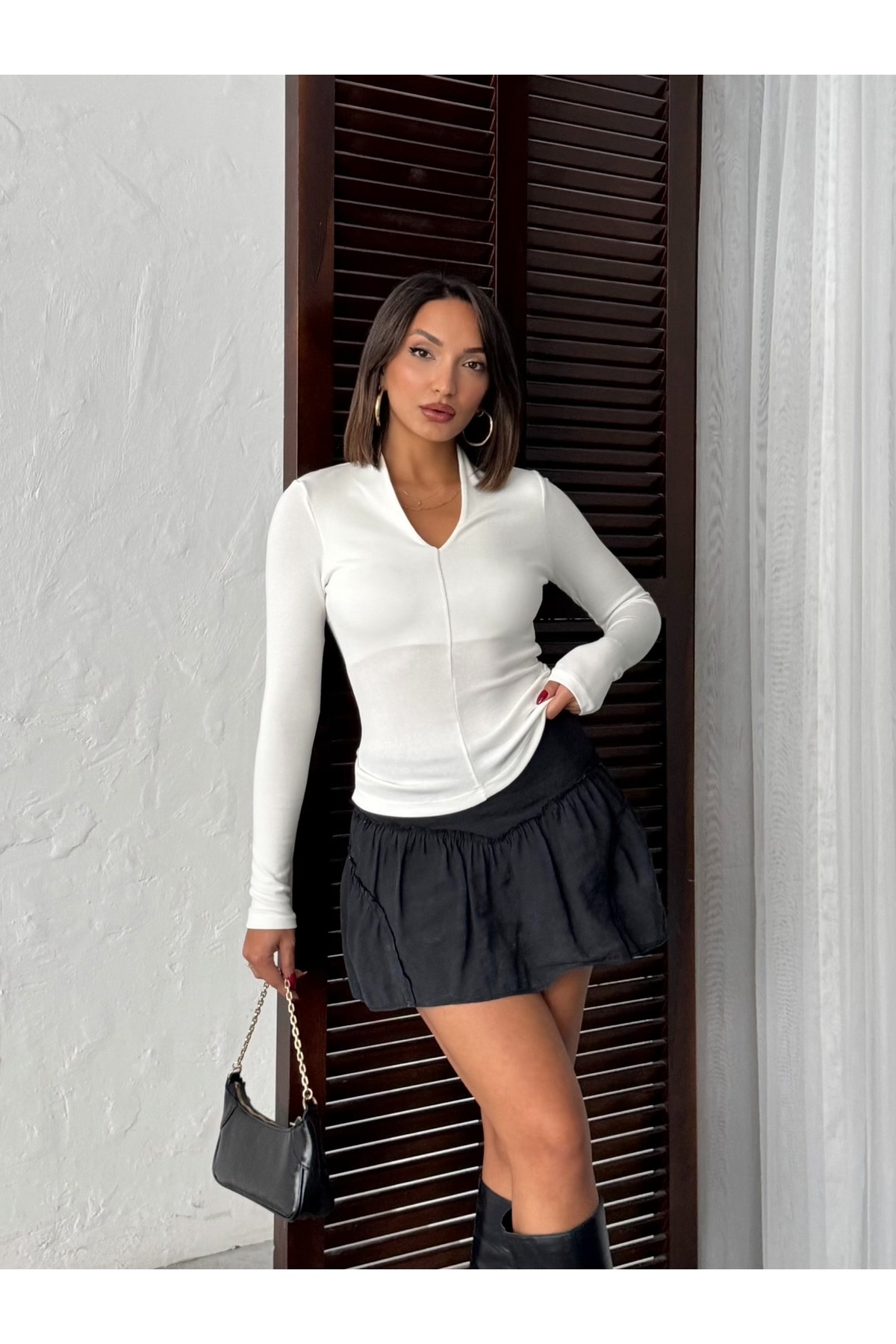 Women's Ecru Modal Rib Fabric V-neck Long Sleeve Blouse