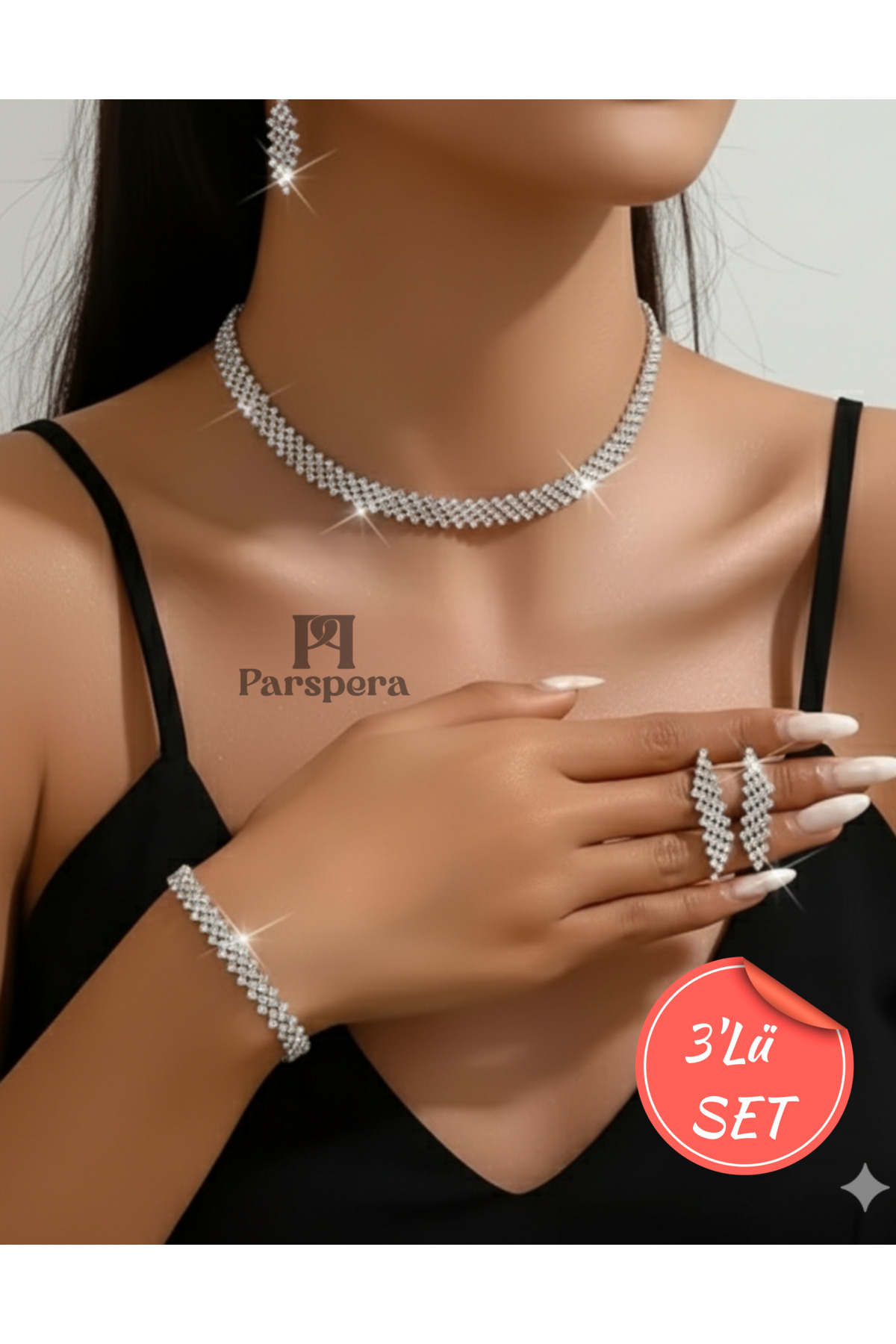 Gümüş Kaplama Zirkon İzmir Model Taşlı Şık Takı Seti ( Kolye, Küpe, Bileklik ) Düğün Nişan Abiye