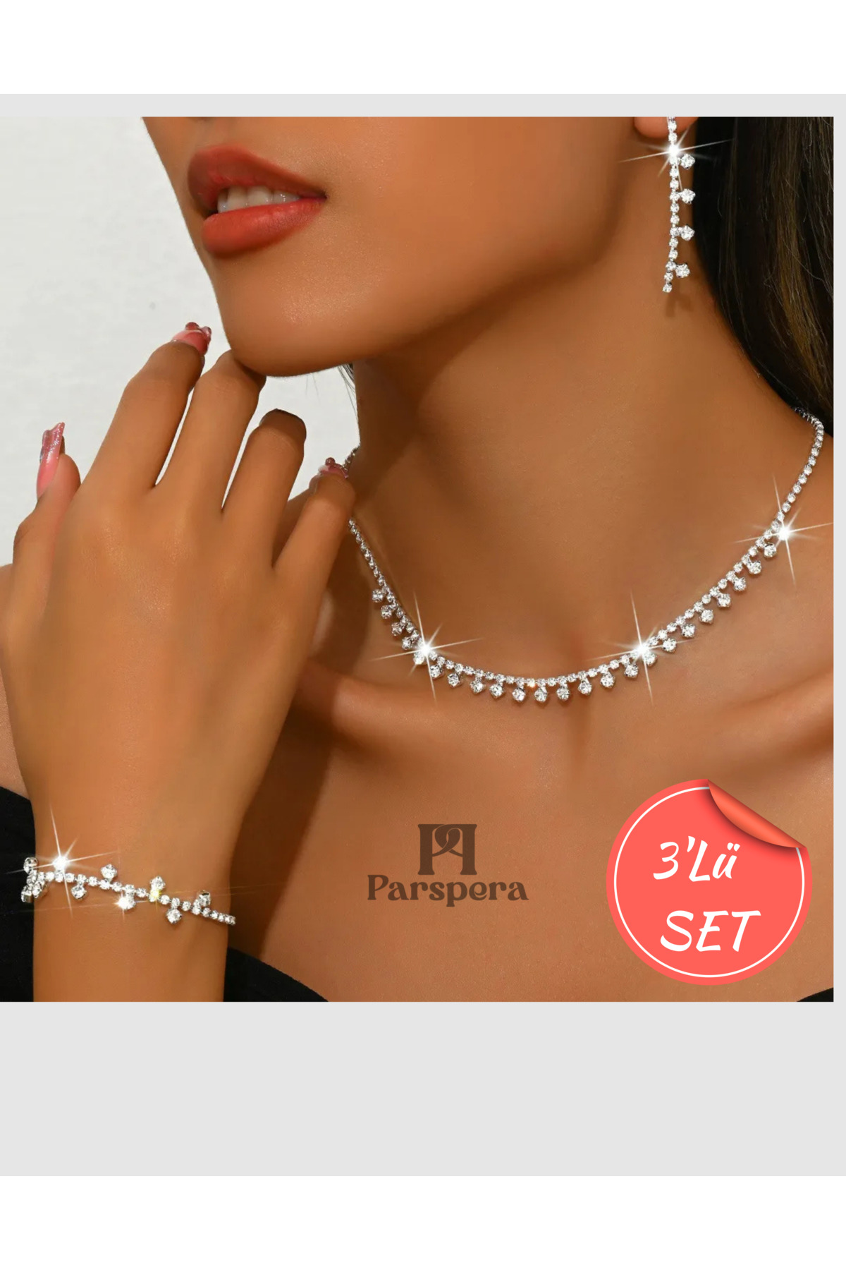 Gümüş Kaplama Zirkon Taşlı Sarkıt Takı Set ( Bileklik, Kolye ve Küpe ) 3 Lü Set Düğün Nişan Davet
