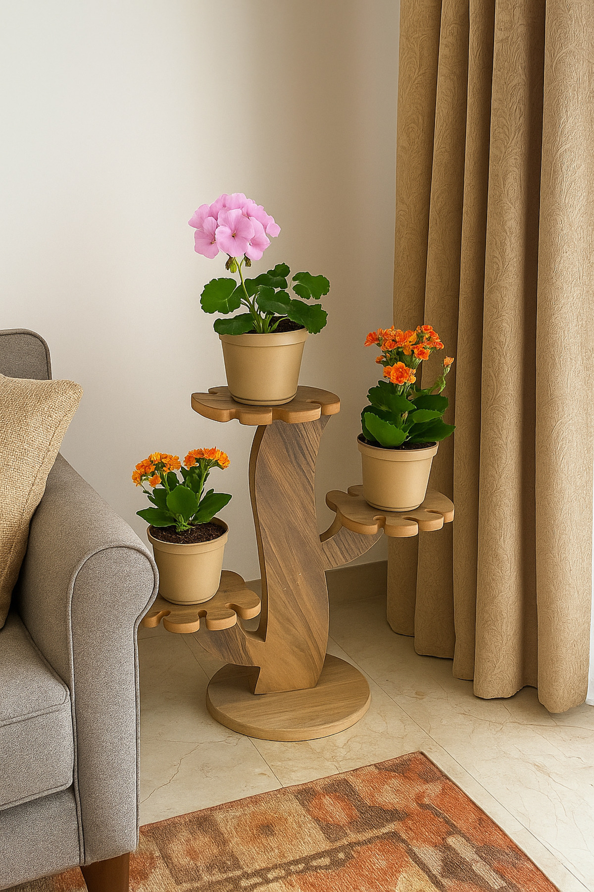 Tok-Co 3 Raflı Ahşap Çiçeklik Yaprak Görünümlü Raf Saksılık