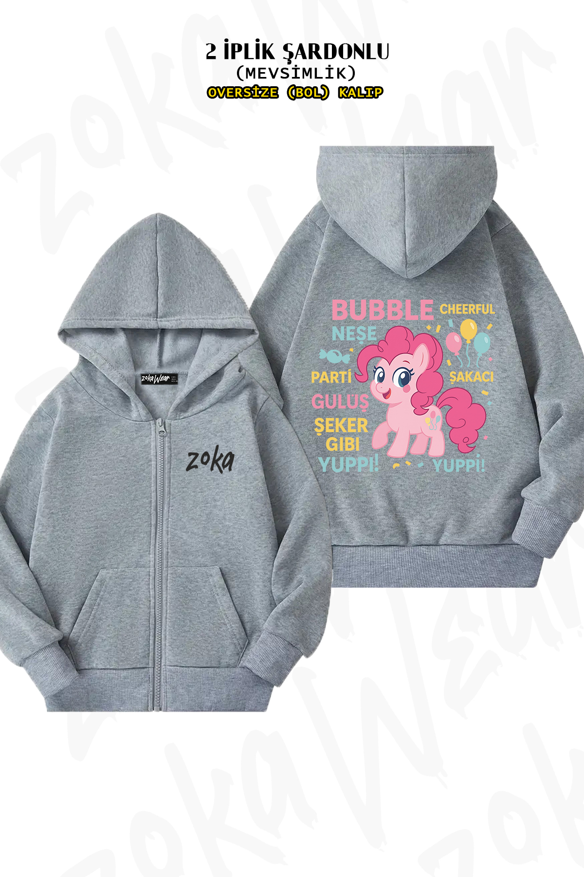 ZOKAWEAR  Oversize The Many Words Of Pinkie Pie Mlp Sırt Baskılı Fermuarlı Kapşonlu Gri Hırka (2 İplik)
