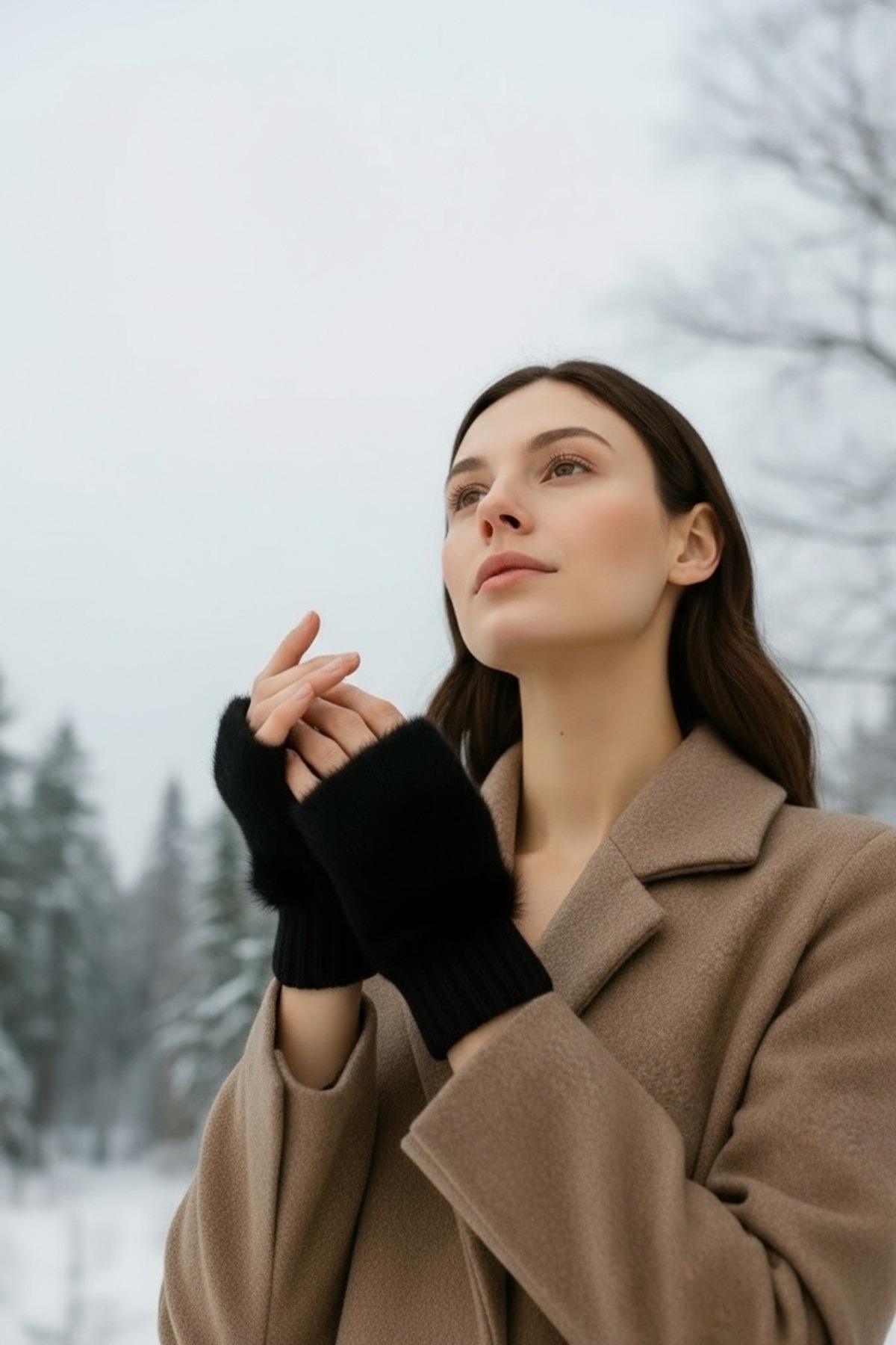 Netodak  Kadın Kürk Detaylı Kesik Parmaksız Eldiven Siyah Yumuşak Dokulu Kışlık Model Faux Soft Peluş Eldiven - Görsel 5