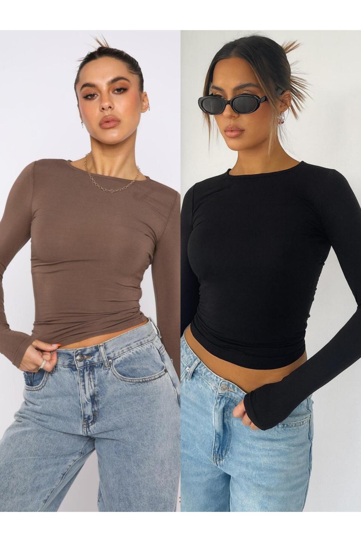 ÖZ PAMUK 2lİ ADET Bisiklet Yaka Basic Uzun Kollu Likralı Body