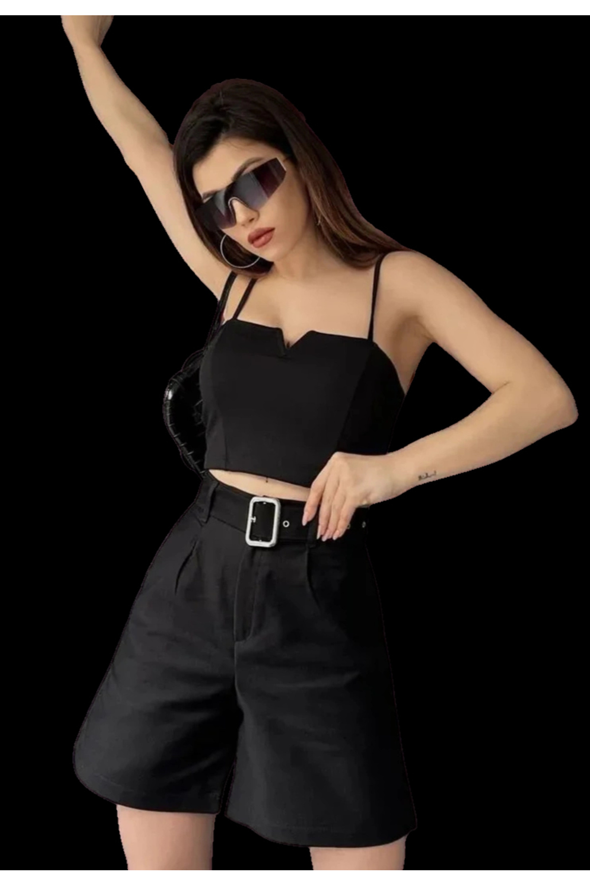 Generic Brands Relaxed Fit Belted Shorts - Black- Trendyol