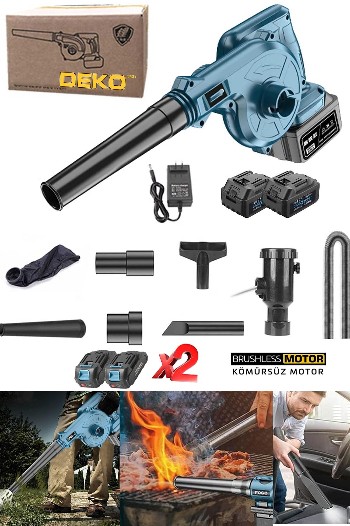 DEKO Turkey 40V 10AH Süper Hız Ayarlı x2 Çift Akülü Şarjlı Hava Üfleyici Toz Toplayıcı Ve Yaprak Üfleme Makine