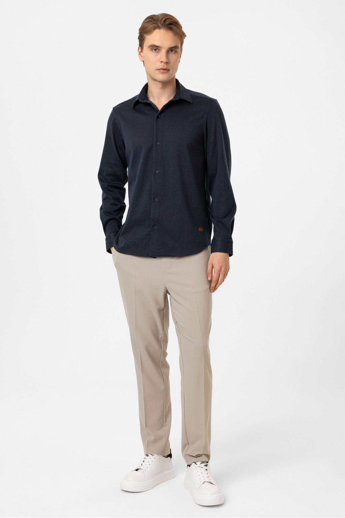 Koyu İndigo Regular Fit Örme Gömlek — رنگارنگ B34W22013-169 — تصویر 6 از 6