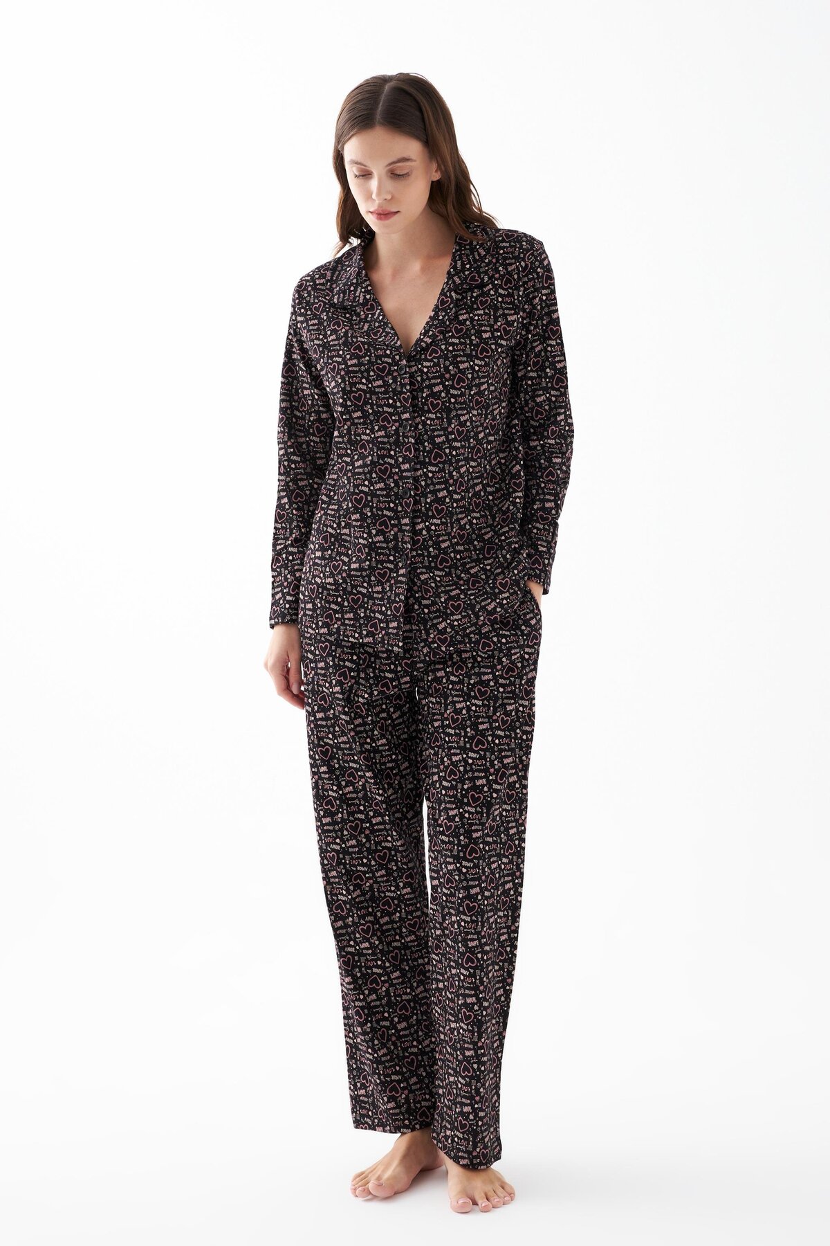 Akbeniz Women's Black Buttoned Heart Patterned Cotton Pajama Set
