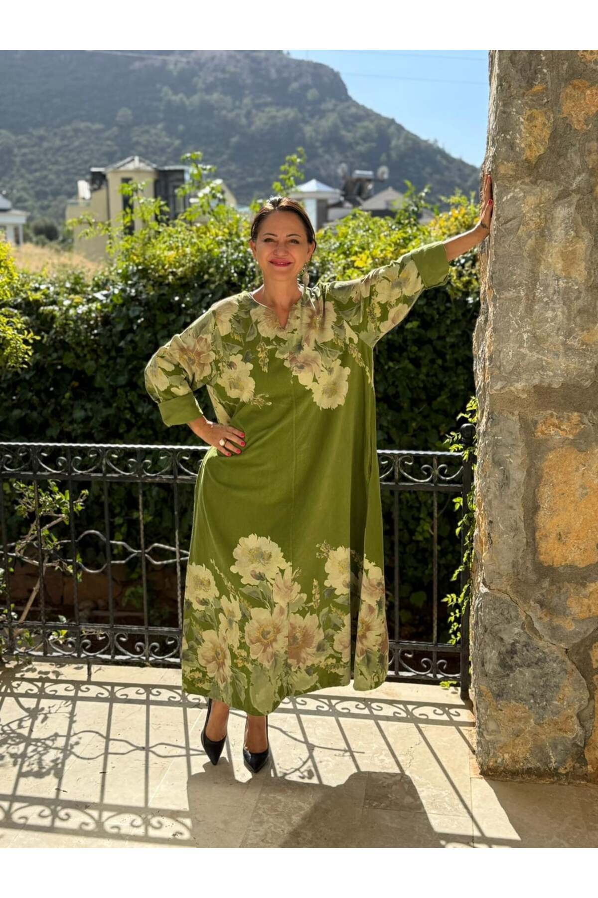 YG10392 Çiçek Desen İtalyan Kadife Elbise Yeşil