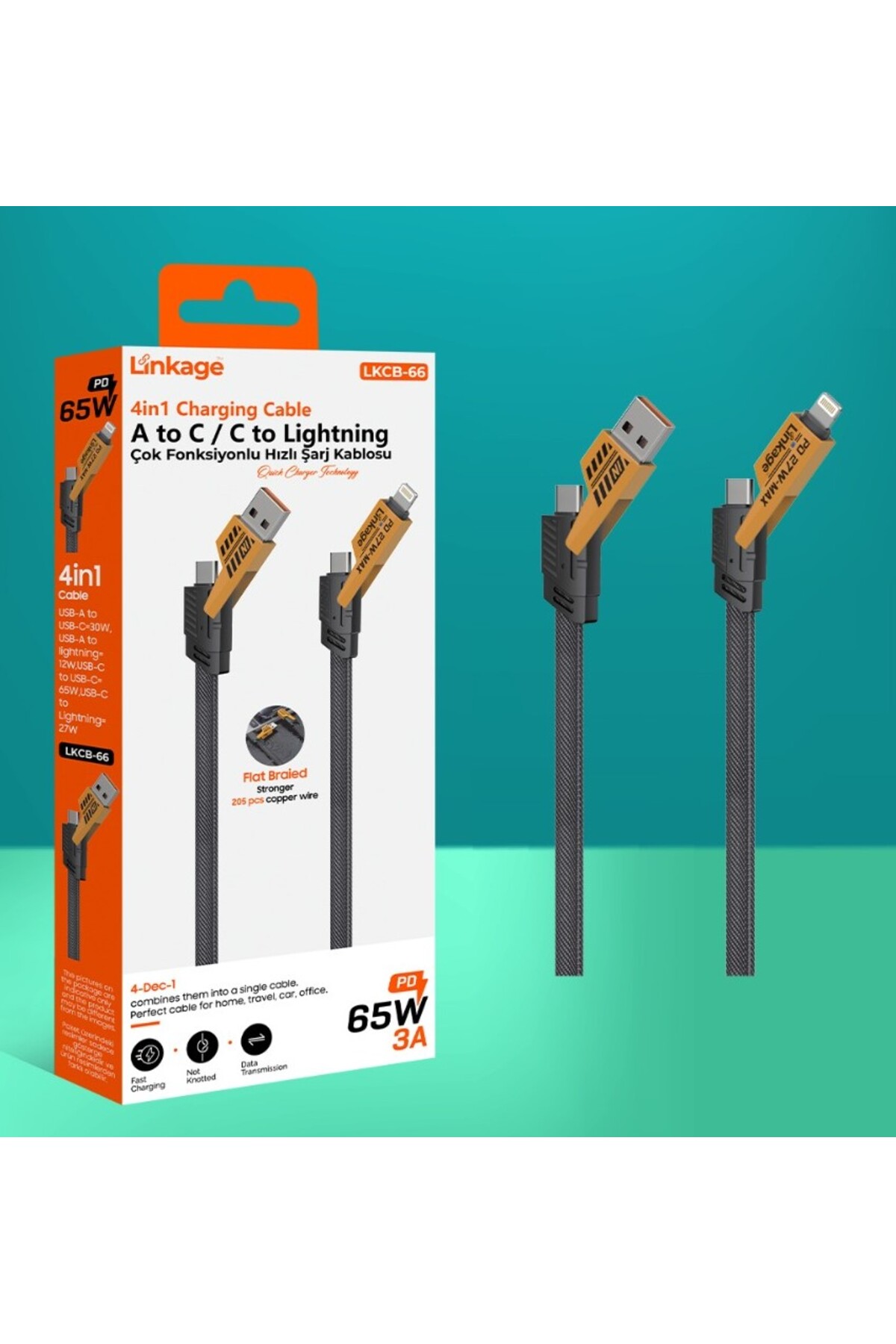 LKCB-66 PD 65W 3A Hızlı Şarj 4’ü 1 Arada Çok Fonksiyonlu Hızlı Şarj Kablosu