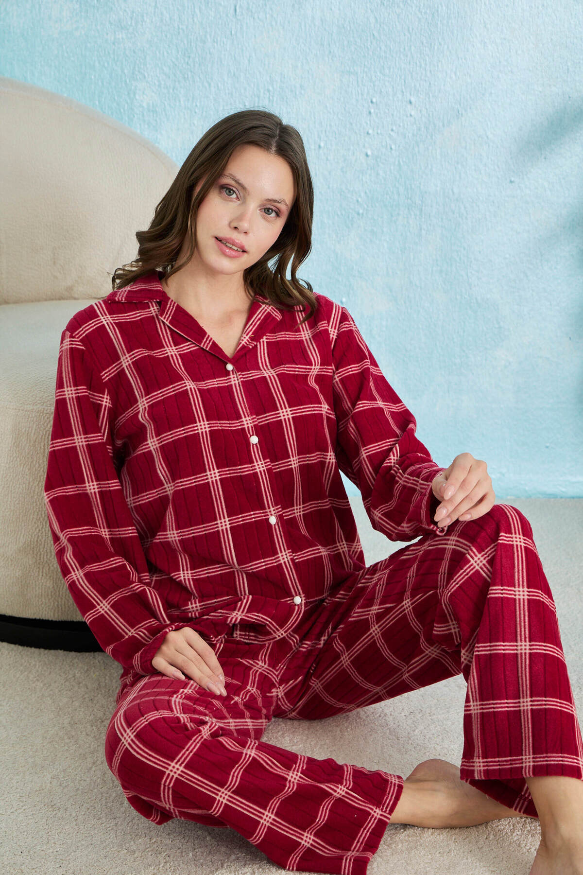 STELLAPİNK Bordo Fitilli Kare Detaylı Düğmeli Polar Pijama Takımı görsel 5