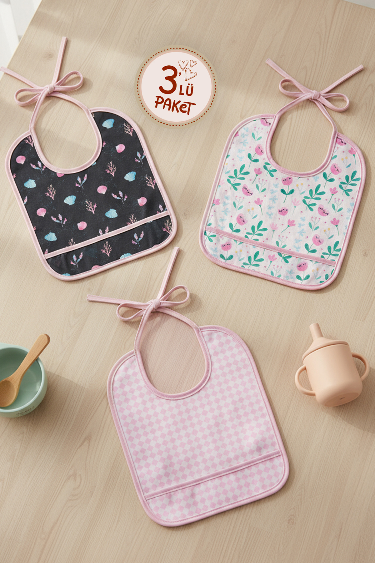HAMUR Proof 3'lü Sıvı Su Geçirmez Bebek Mama Önlüğü Ağız Silme Mendili Bağlamalı 3 Prç PembeGrup 6-24 Ay