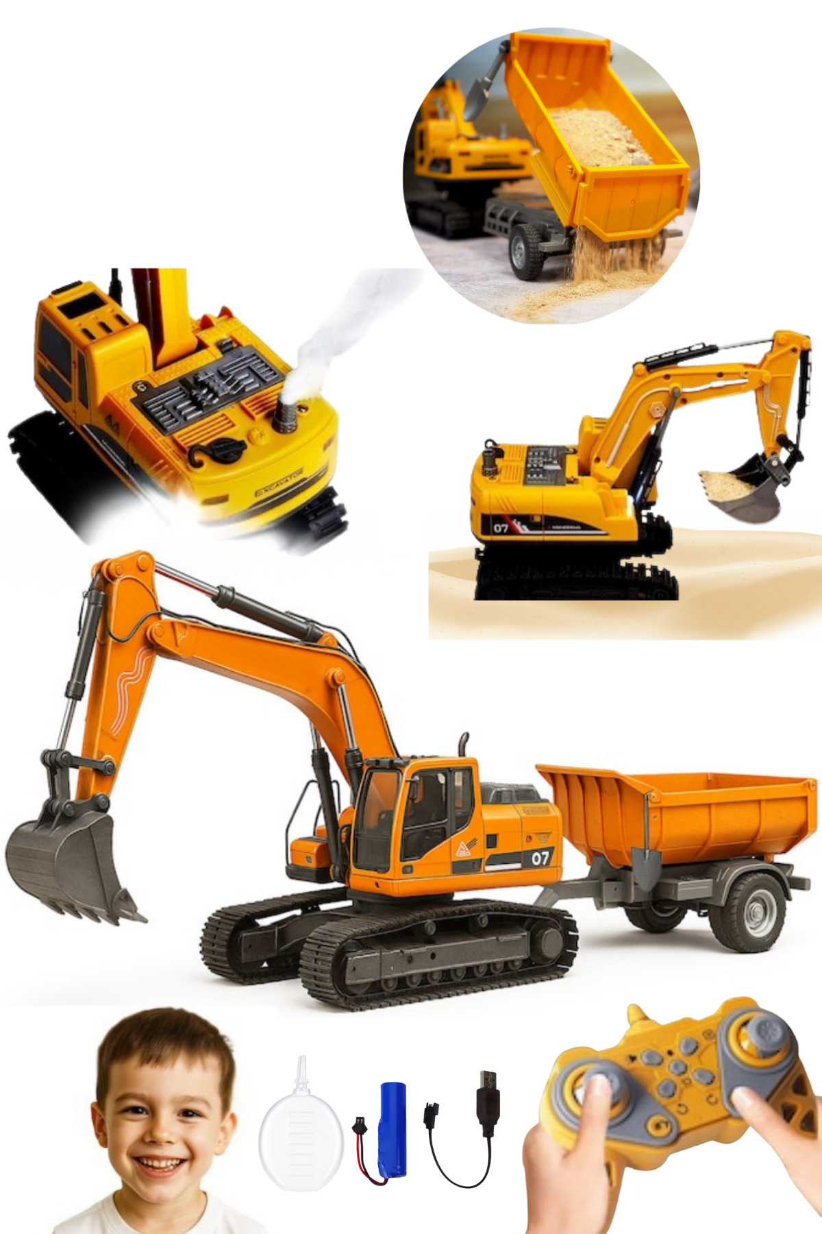 TUENGİ STORE Şarjlı Uzaktan Kumandalı Full Fonksiyon Hareketli Römorklu Buhar Çıkaran Paletli Kepçe RC Ekskavatör
