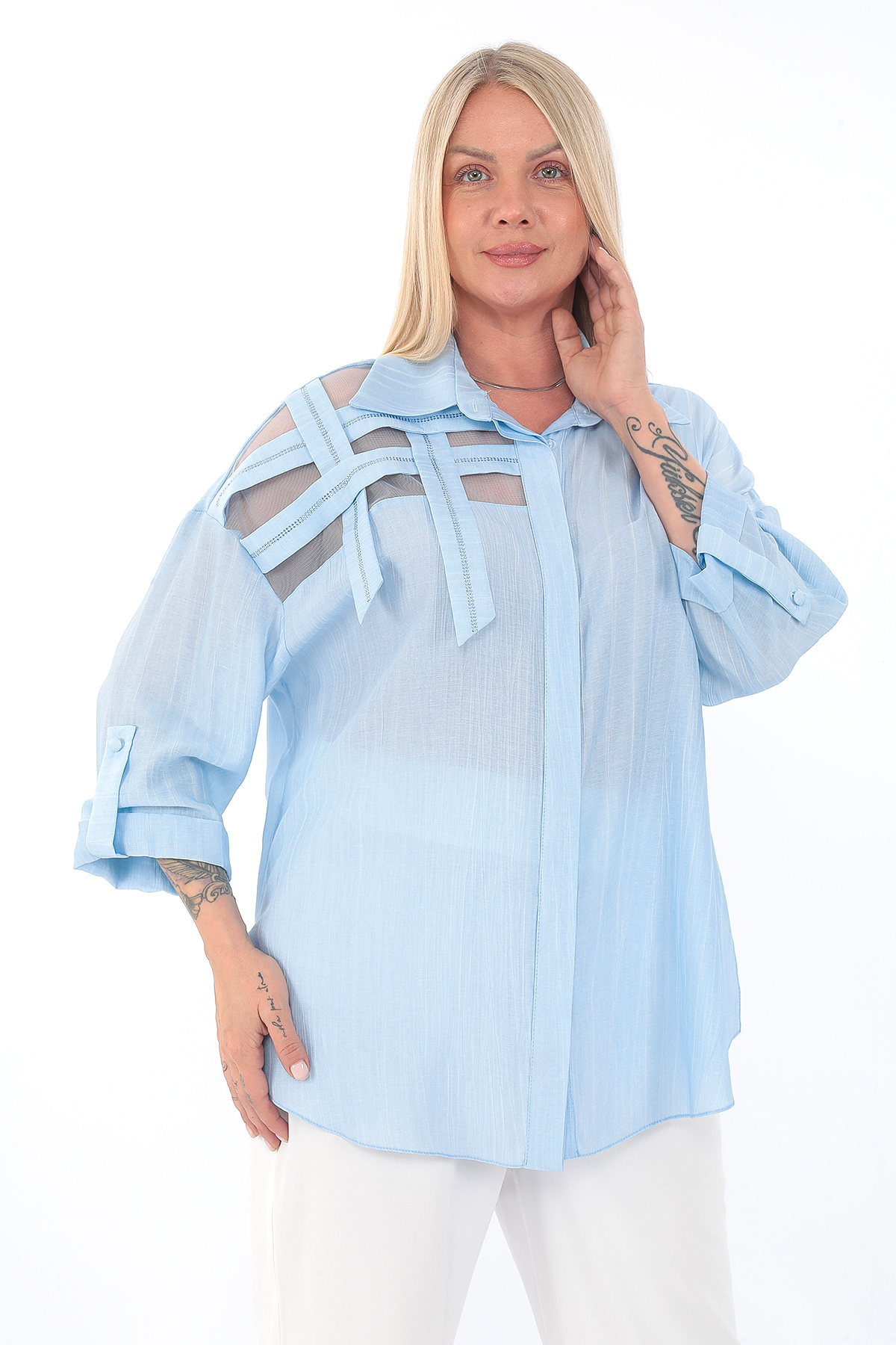 KİFAYET Büyük Beden (50-56) Taş Detaylı Şerit Tül Omuzlu Apoletli Şık Kadın Gömlek