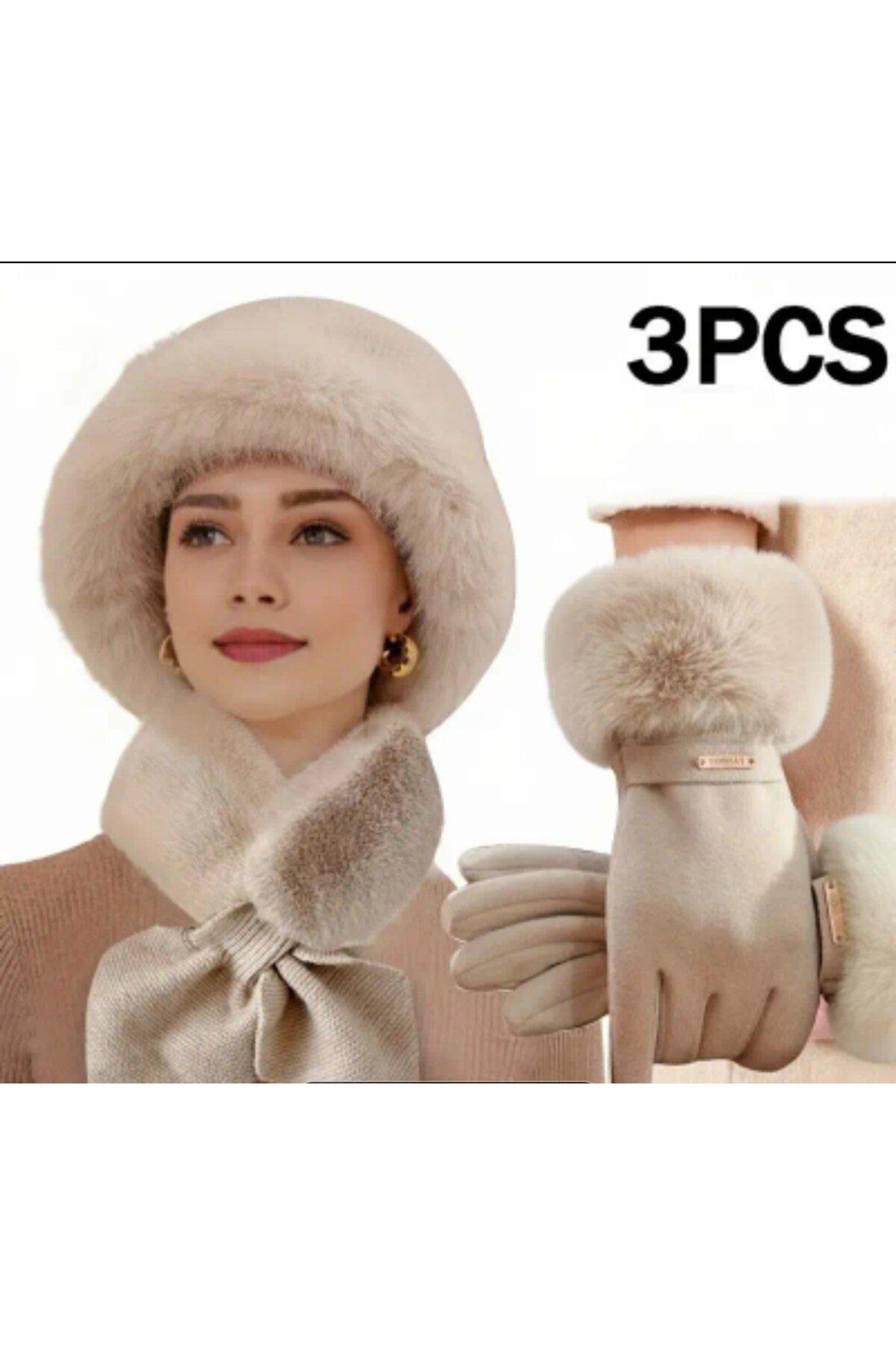 Yeşilmoda 3'lü Kış Seti Kadın - Şapka, Eldiven ve Atkı (Bej Renk) Klasik / Zarif Süet + Suni Kürk