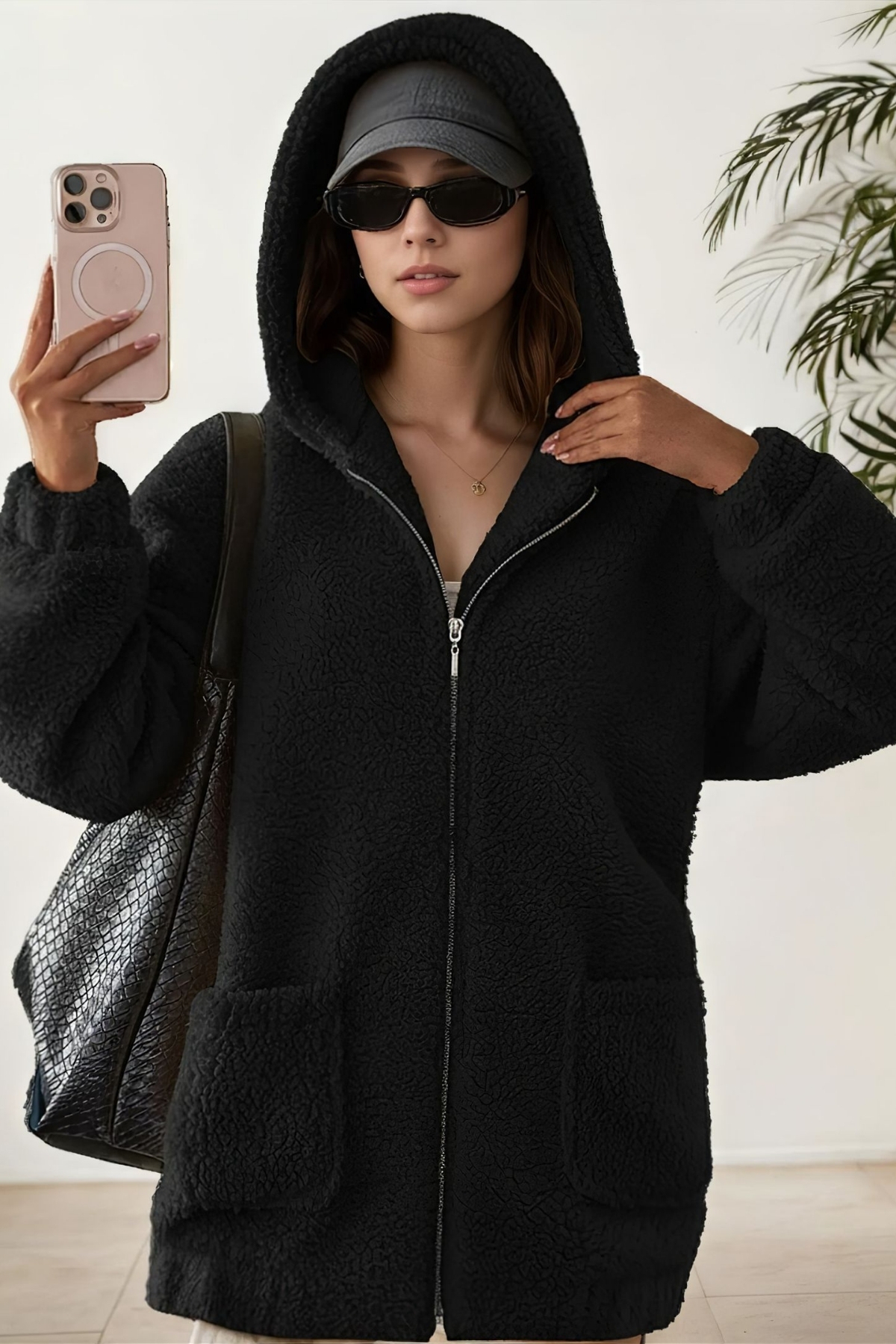 HİRAMİR Peluş Kuzu Kıvırcık Torba Cepli Kolej Mont Siyah KS2526 görsel 3