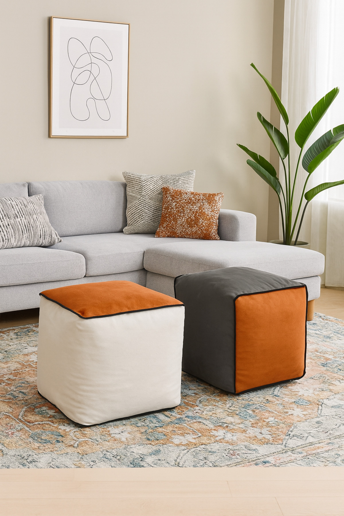 ELF CONSEPT Dekoratif Puf Ayak Uzatma Pufu Kare , Küp Çift Renk Puf