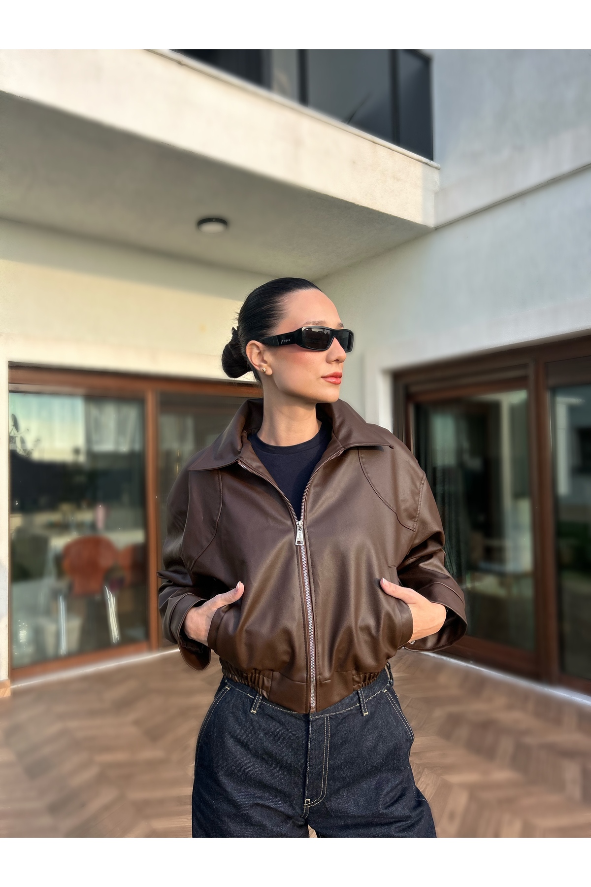 COJIKO  Kadın Bomber Beli Lastikli Deri Ceket - Görsel 4