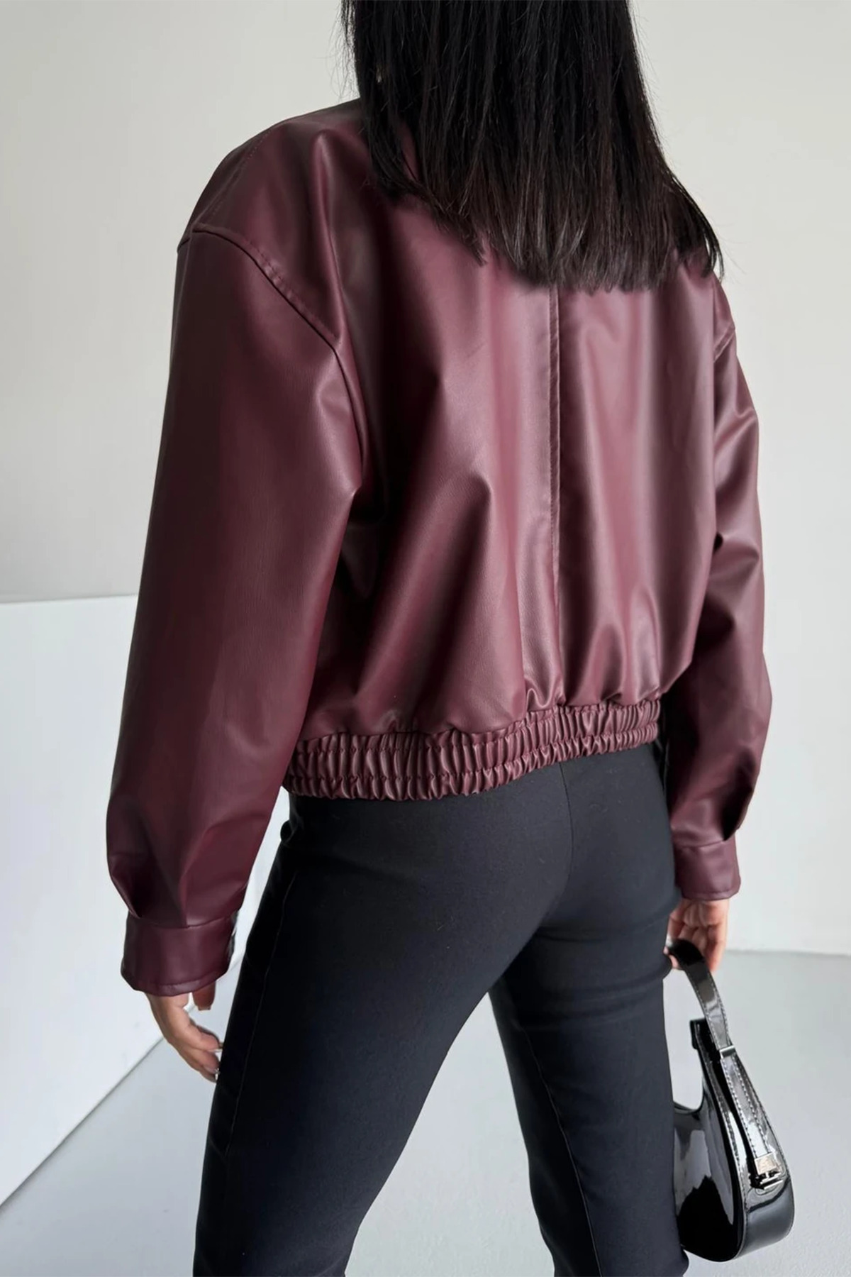 Genel Markalar  Kadın Bomber Beli Lastikli Deri Ceket - Görsel 6