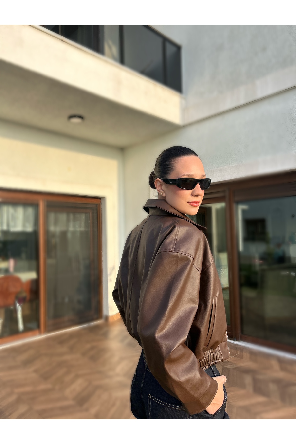 COJIKO  Kadın Bomber Beli Lastikli Deri Ceket - Görsel 6