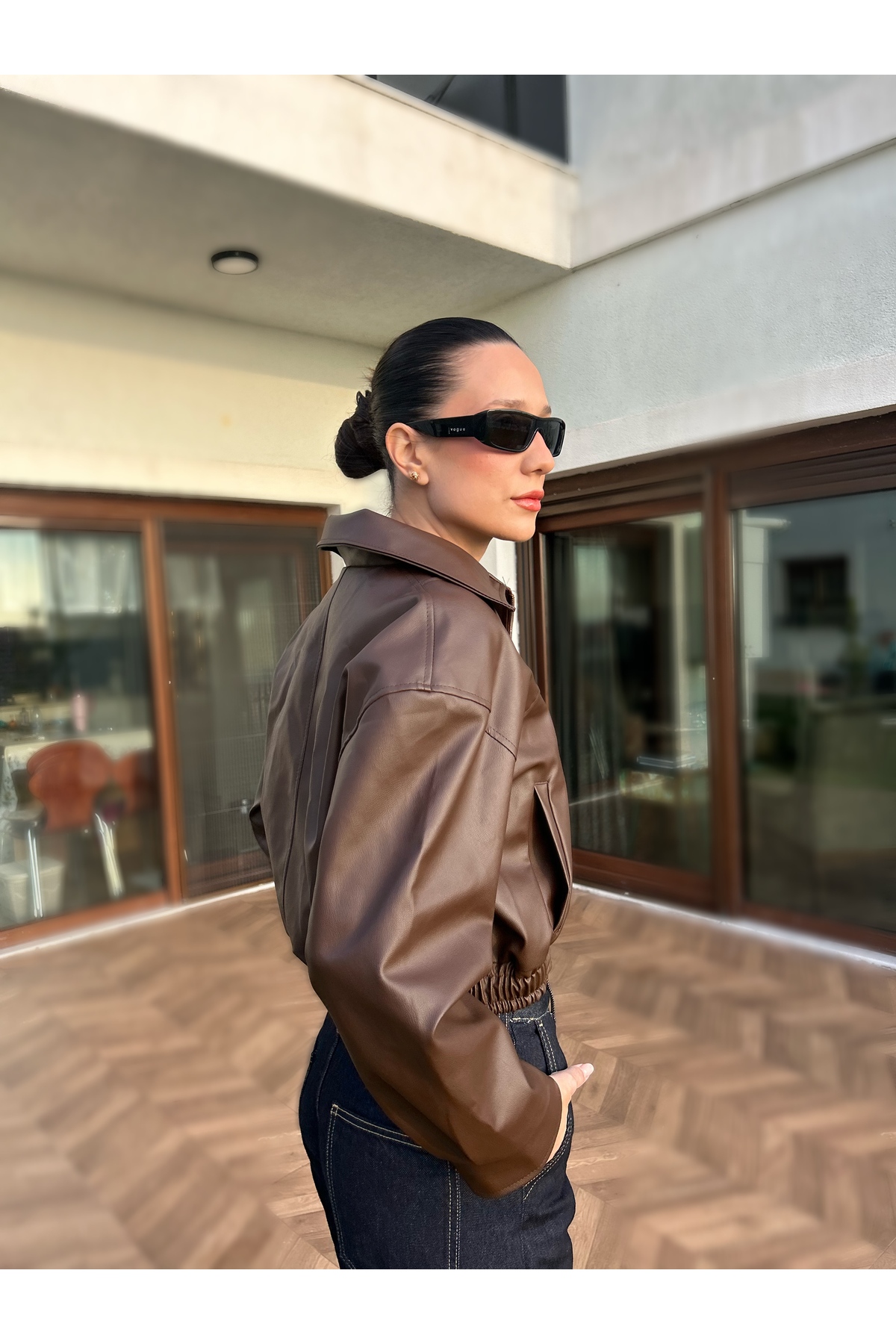 COJIKO  Kadın Bomber Beli Lastikli Deri Ceket - Görsel 5