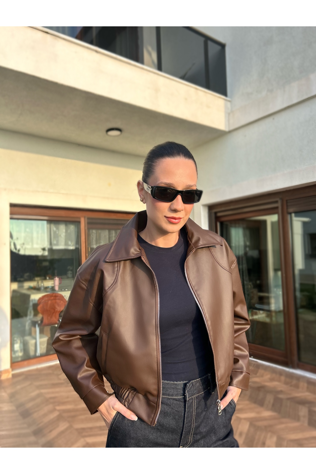 COJIKO  Kadın Bomber Beli Lastikli Deri Ceket - Görsel 2