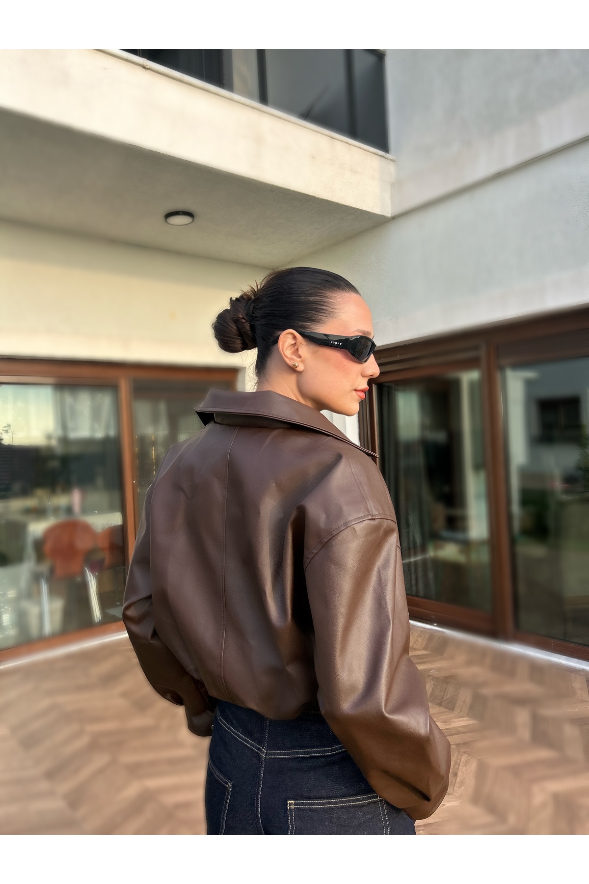 COJIKO  Kadın Bomber Beli Lastikli Deri Ceket - Görsel 3