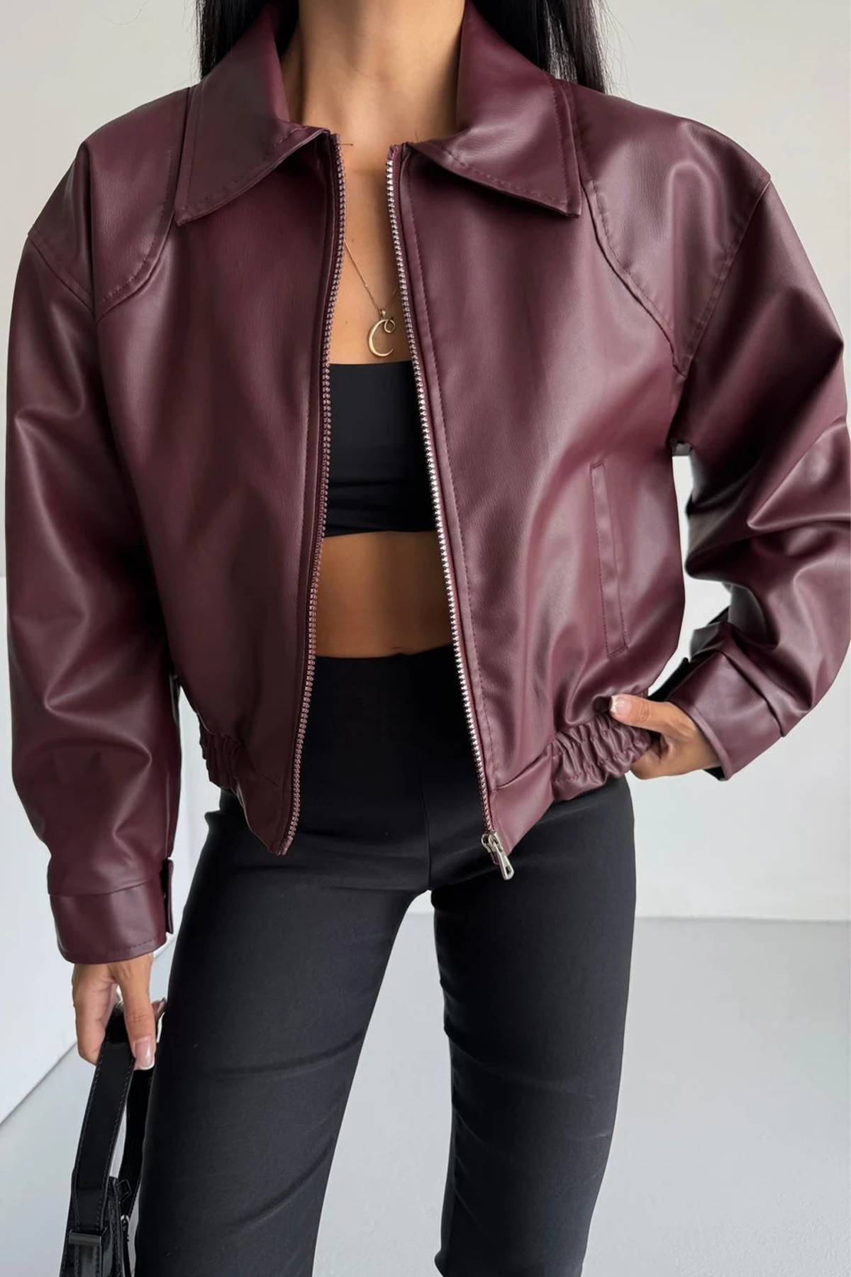 Genel Markalar  Kadın Bomber Beli Lastikli Deri Ceket - Görsel 4