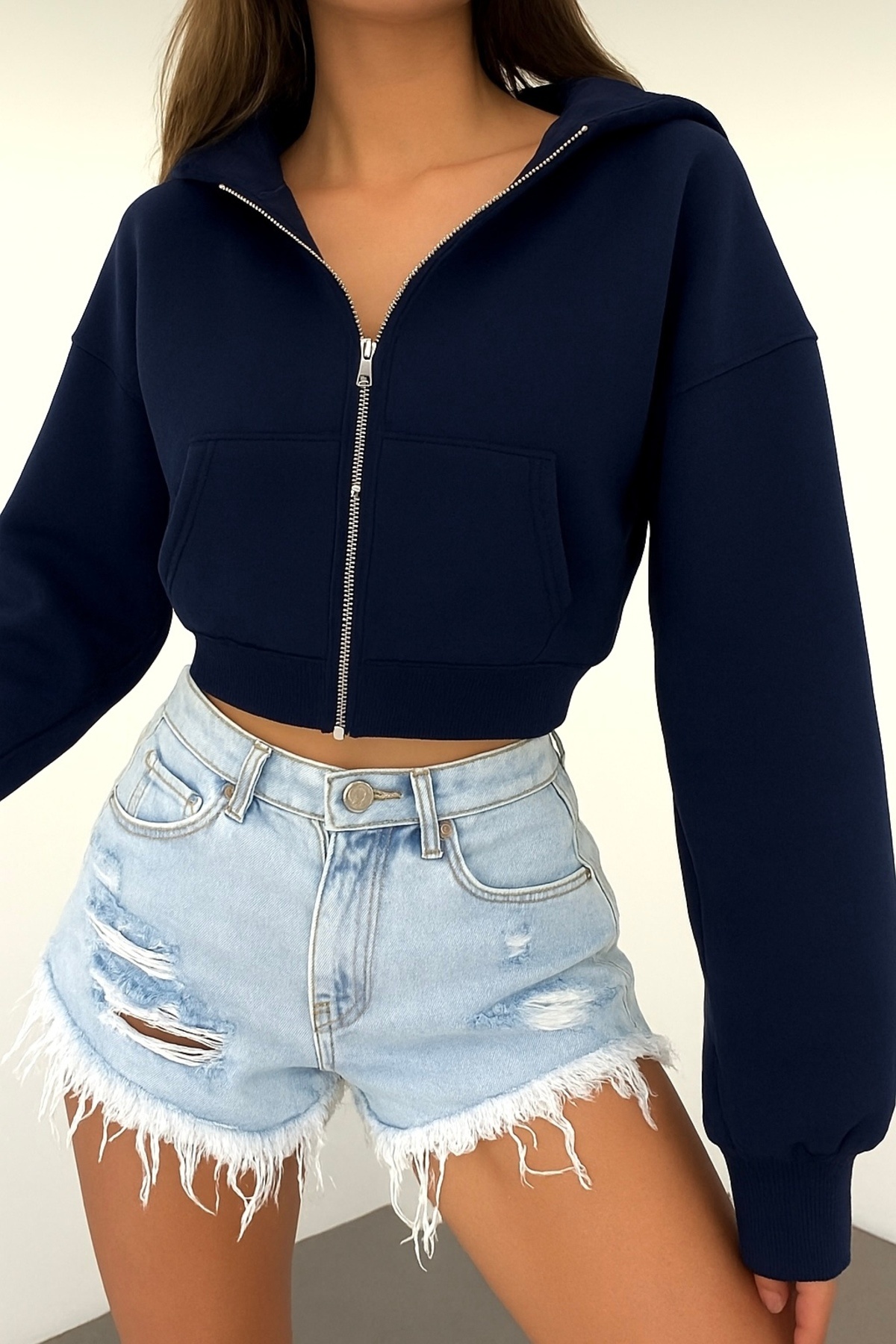 BYMEER  Lacivert Kapşonlu Fermuarlı Crop Sweatshirt Hırka