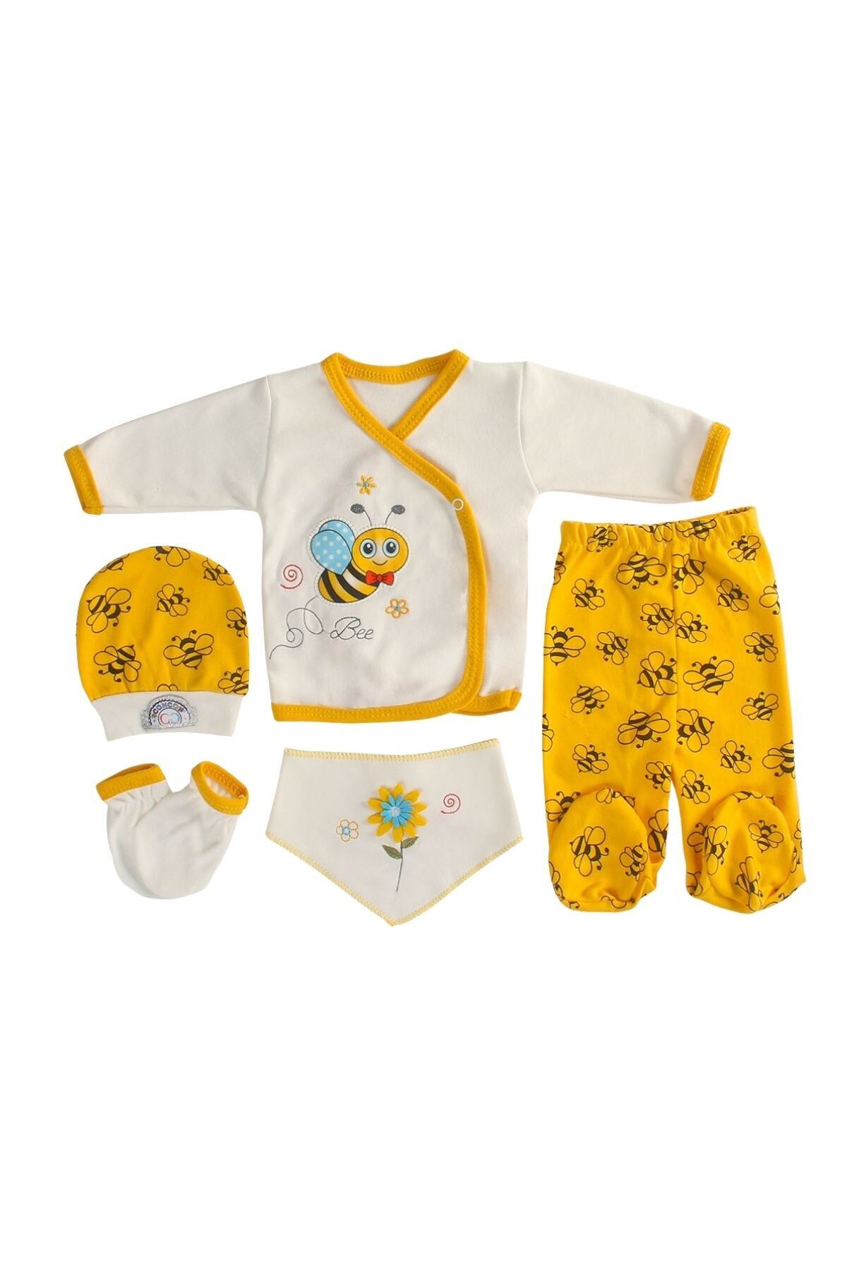 MDKConceptShop 5'li Şişme Mini Arı Desenli Unisex Zıbın Takımı - Yenidoğan Seti