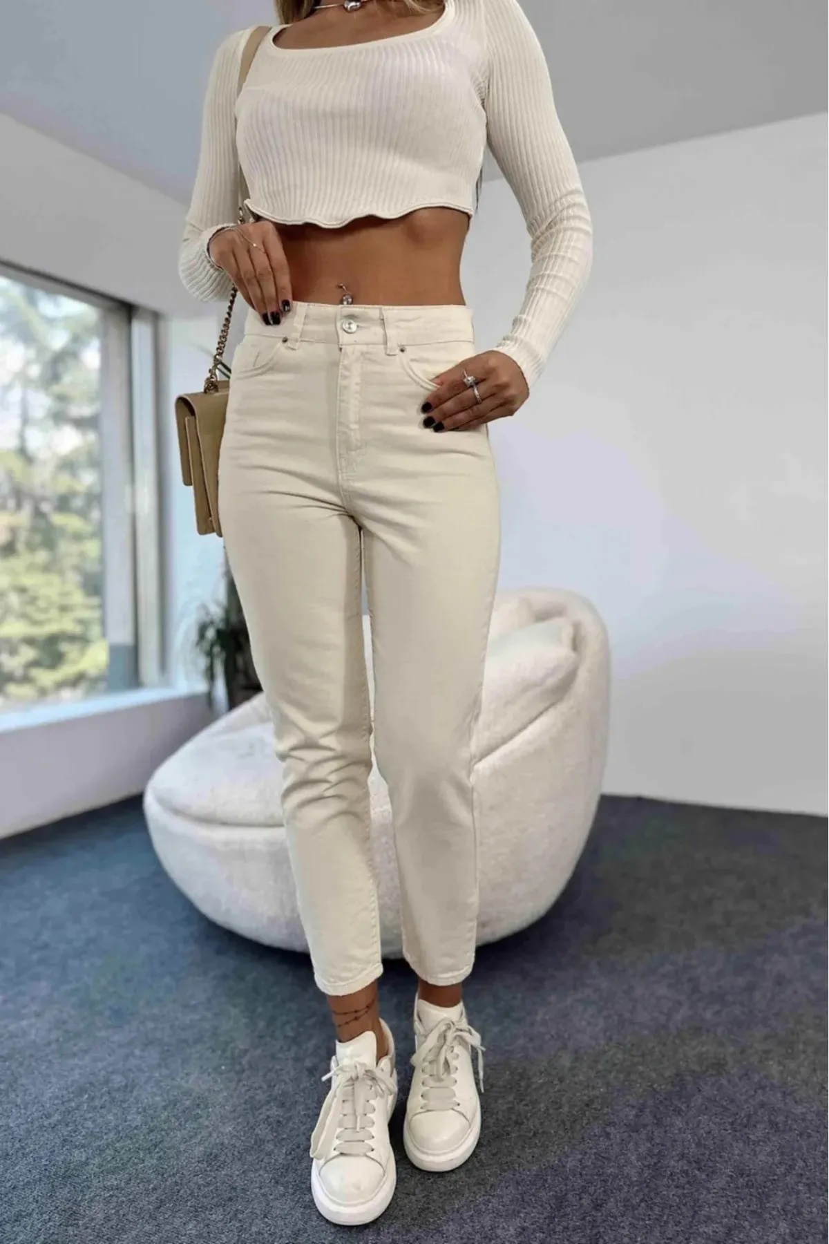 Stella Bej Mom Jean Kadın Yüksek Bel Comfort Boyfriend