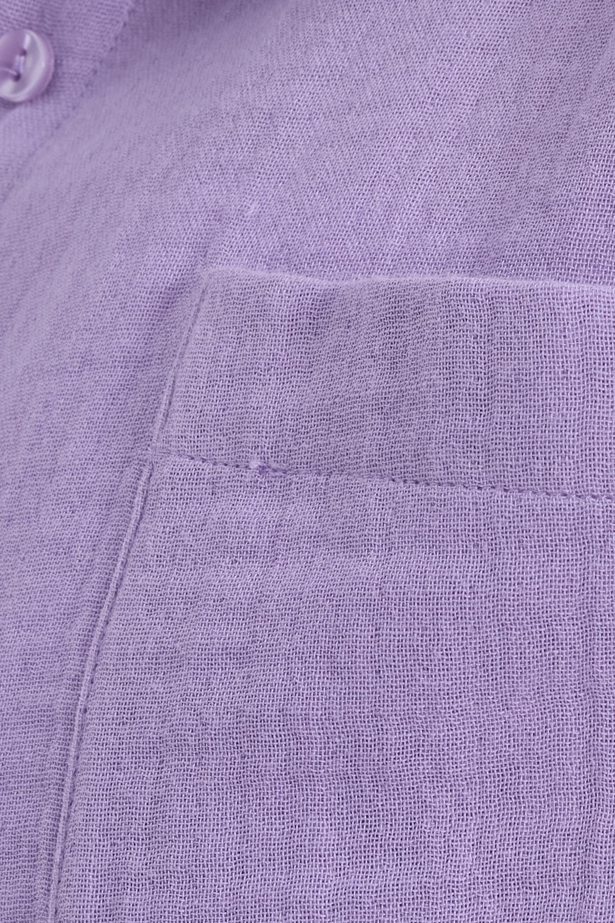 Tudors  Kadın Oversize Geniş Kesim %100 Pamuk Müslin Kumaş Uzun Kollu Cepli Dokulu Açık Mor Gömlek - Görsel 8