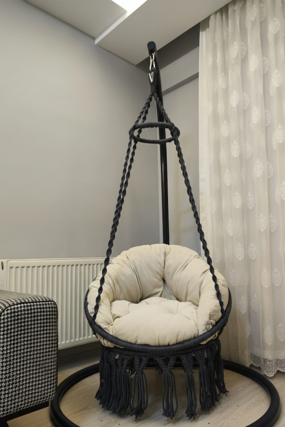 WOODSHUT Tek Kişilik Makrome El Örgüsü Salıncak Minderli (Koyu GRİ) Mis38003AntrasitM / (Salıncak ve Minder)