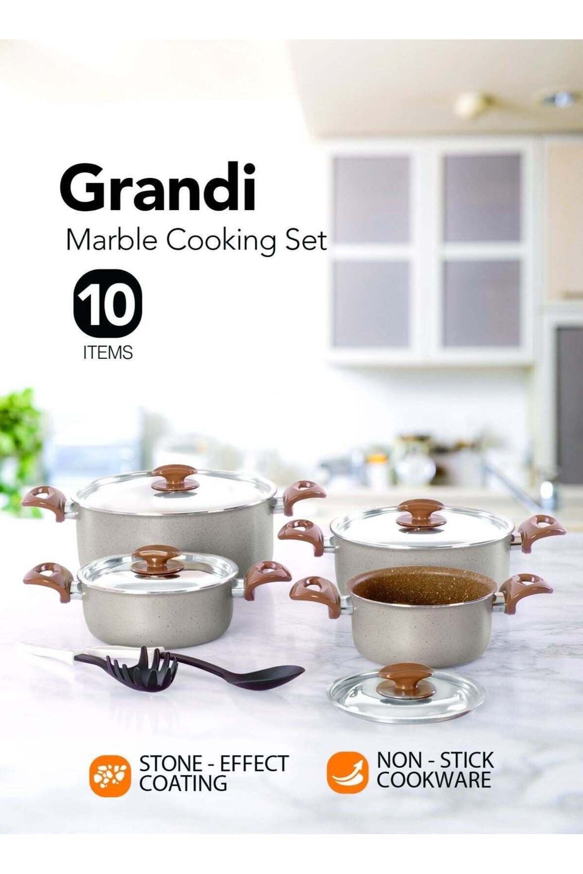 GRANDİ مجموعة أواني طهي من 10 قطع - 7 طبقات من الجرانيت غير اللاصق، مقابض من ...