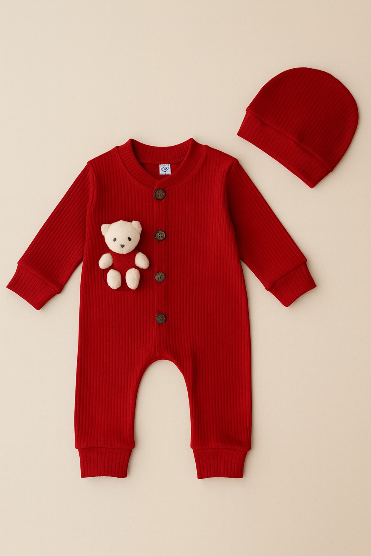 BabyMed Unisex Oyuncak Ayıcık Detaylı Şapka Aksesuarlı Kırmızı Bebek Tulum 3-6-9 Ay fotoğrafı 2 (önizleme)