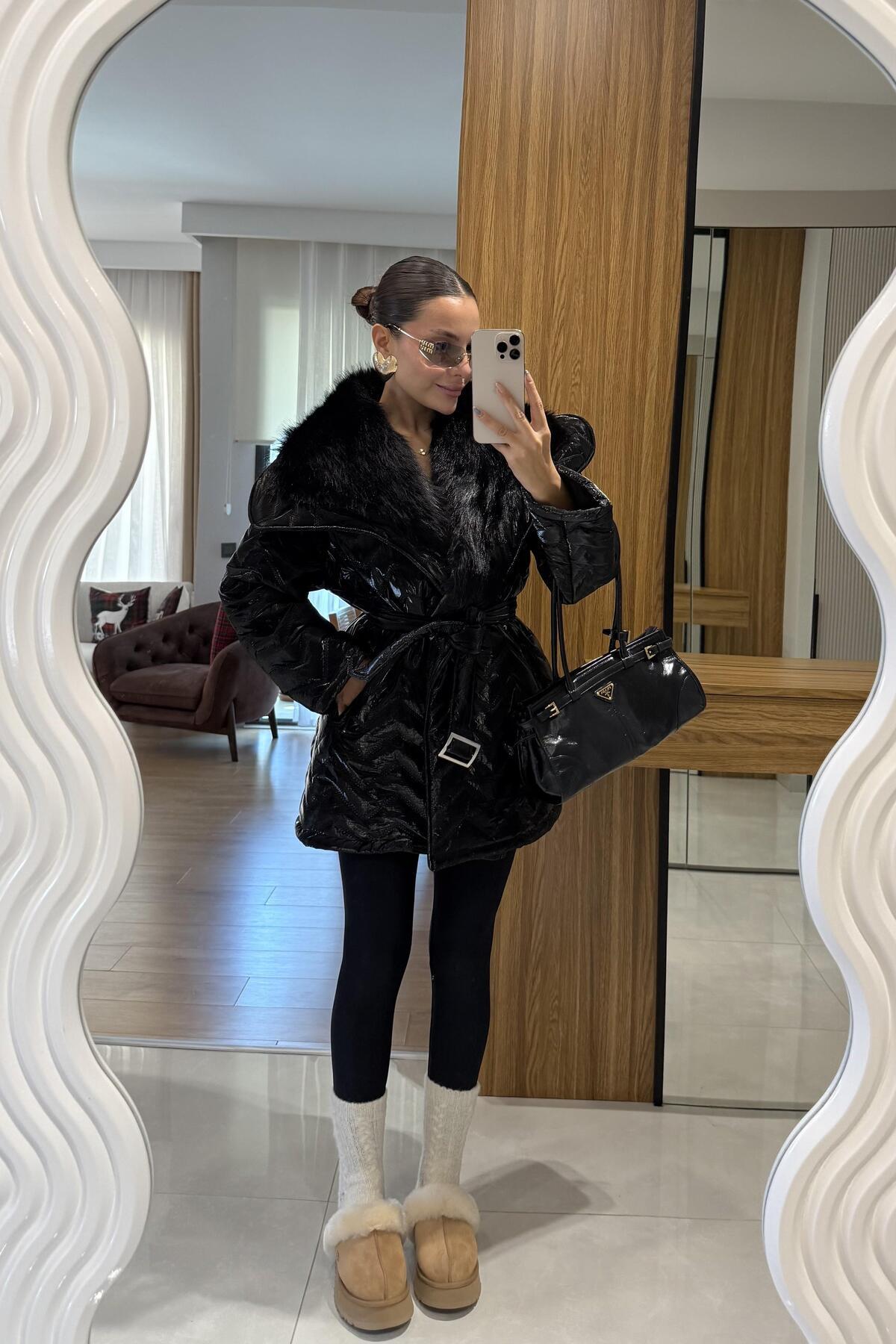 Gizem Ecemiş Colmar Siyah Kürklü Kemerli Şişme Mont görsel 2