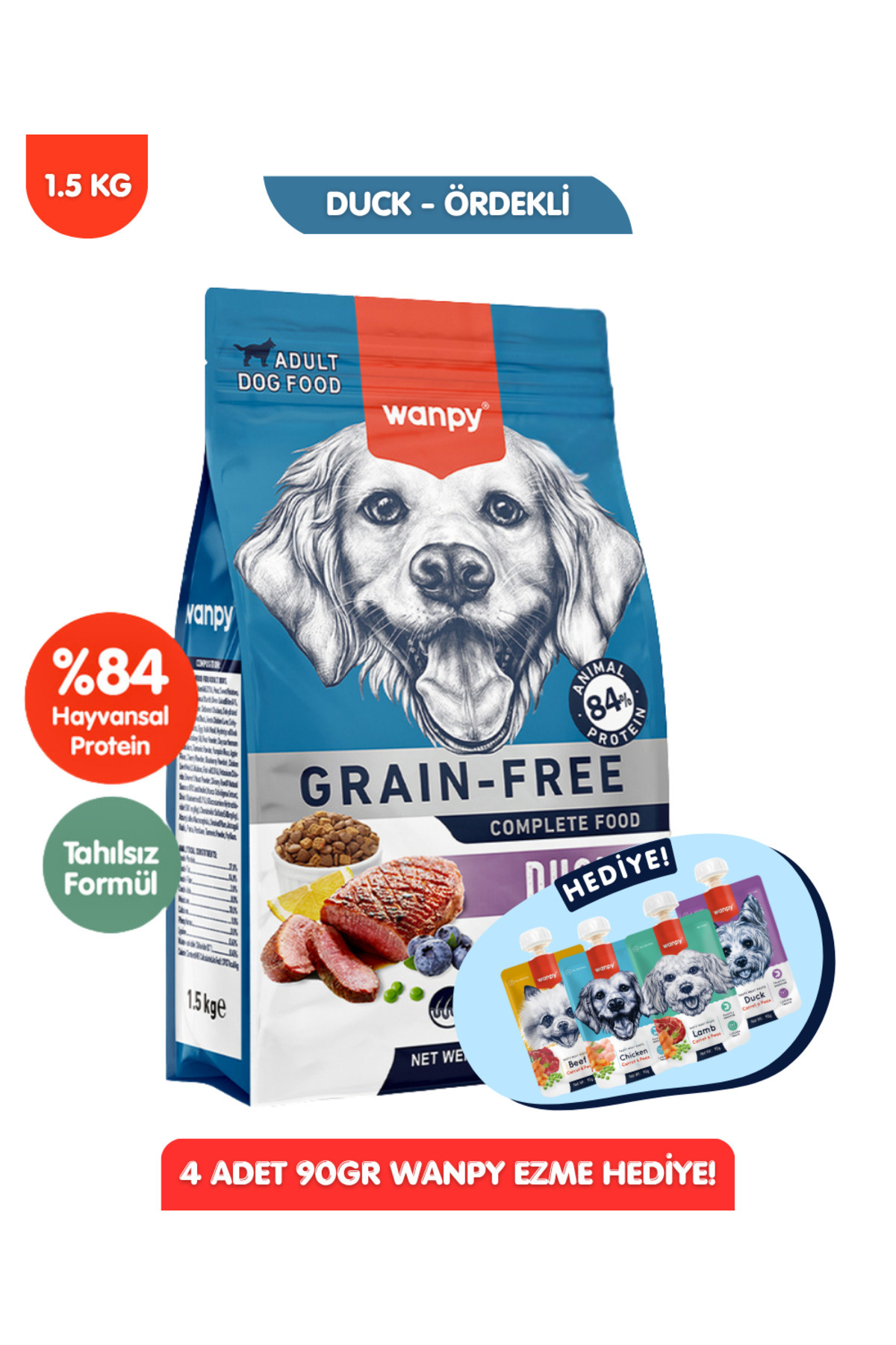 Wanpy HEDİYELİ Ördekli Tahılsız Yetişkin Köpek Maması 1,5kg + 4lü