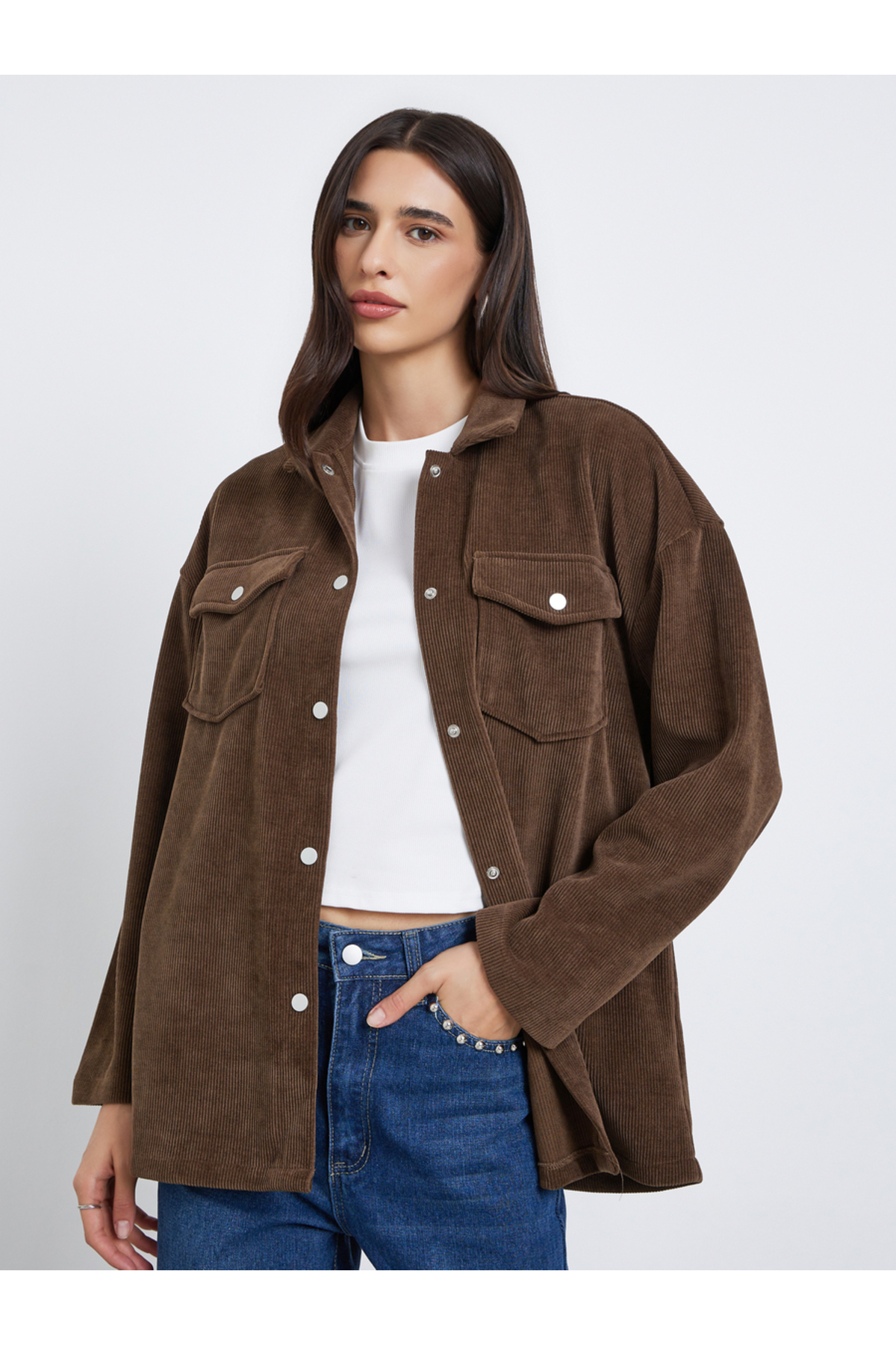 Styli Brown Oversized Corduroy Shacket