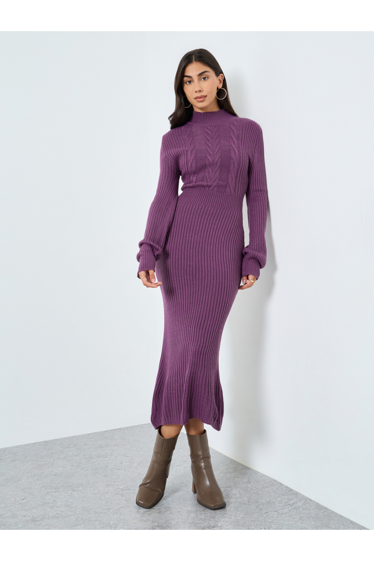 Styli Purple Cable Knit Sweater Midi Dress