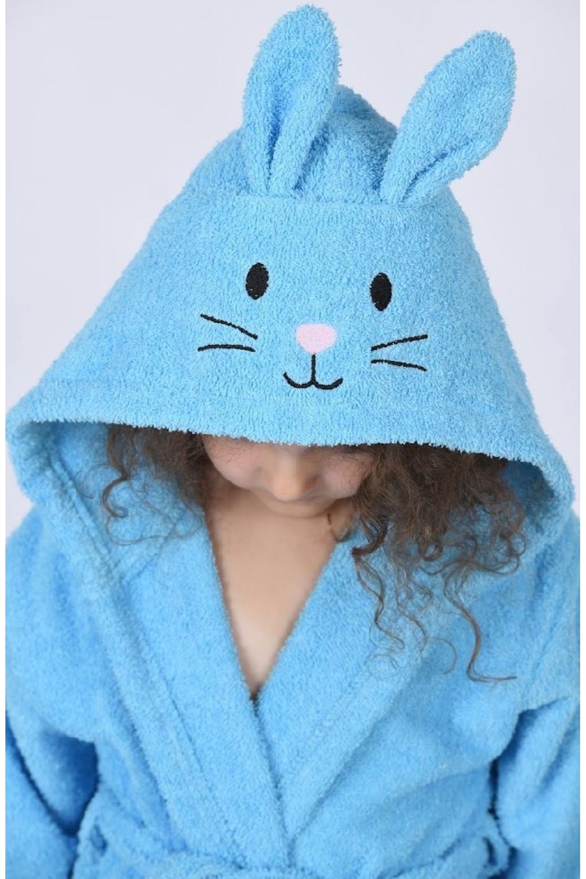 arashomecollection %100 Pamuk Turkuaz Kapşonlu Kedi Desenli Unisex Çocuk Bornozu – Yumuşak ve Su Emici