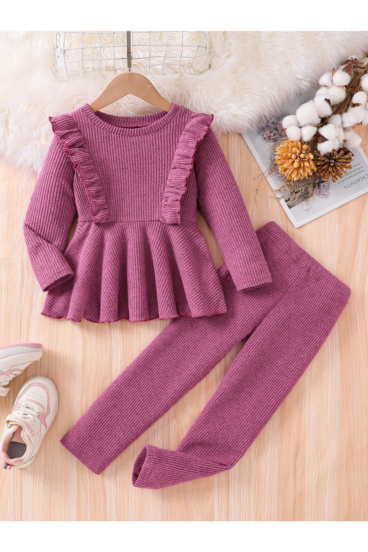Take Two By Styli Girls Purple Flounce Hem Knit Top and Leggings Set