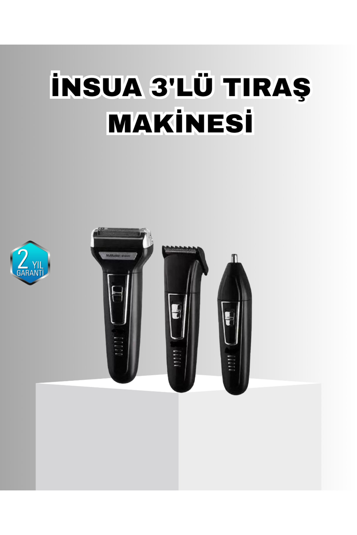 BURCU MODA İnsua Erkek Bakım Seti - 3 Başlıklı Şarjlı Tıraş Makinesi, 60 Dakika Kablosuz Kullanım