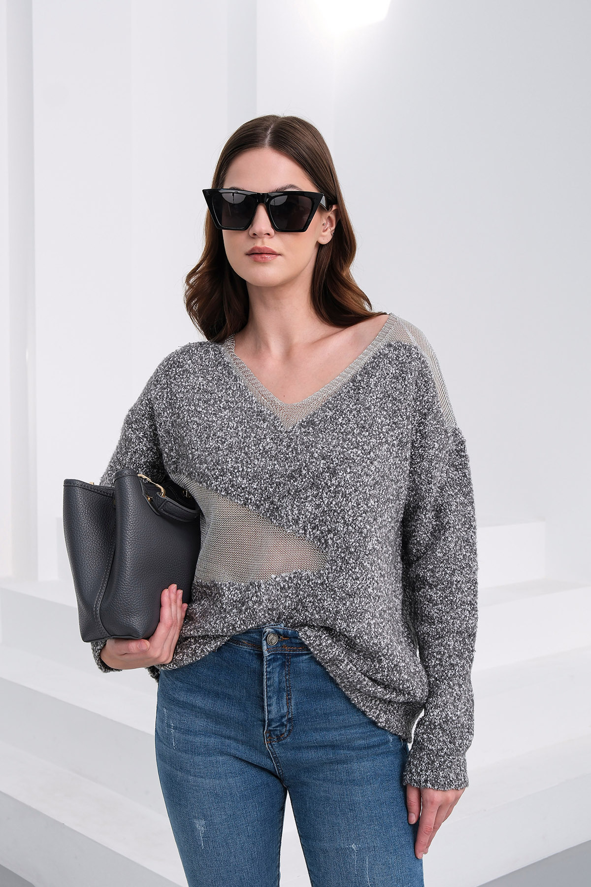 Sea Style  Kadın Buklet İplik File Detaylı V Yaka Triko Kazak - Görsel 4