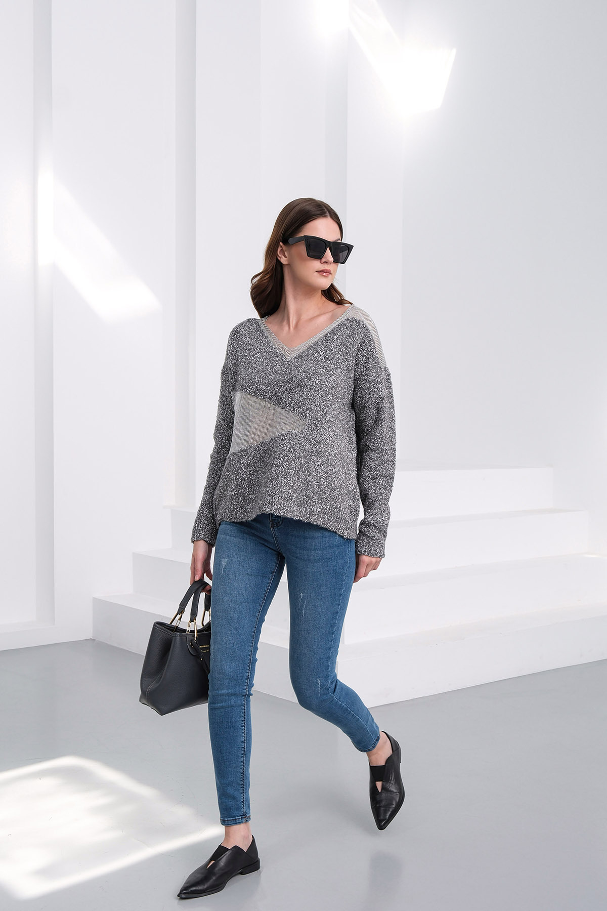 Sea Style  Kadın Buklet İplik File Detaylı V Yaka Triko Kazak - Görsel 6