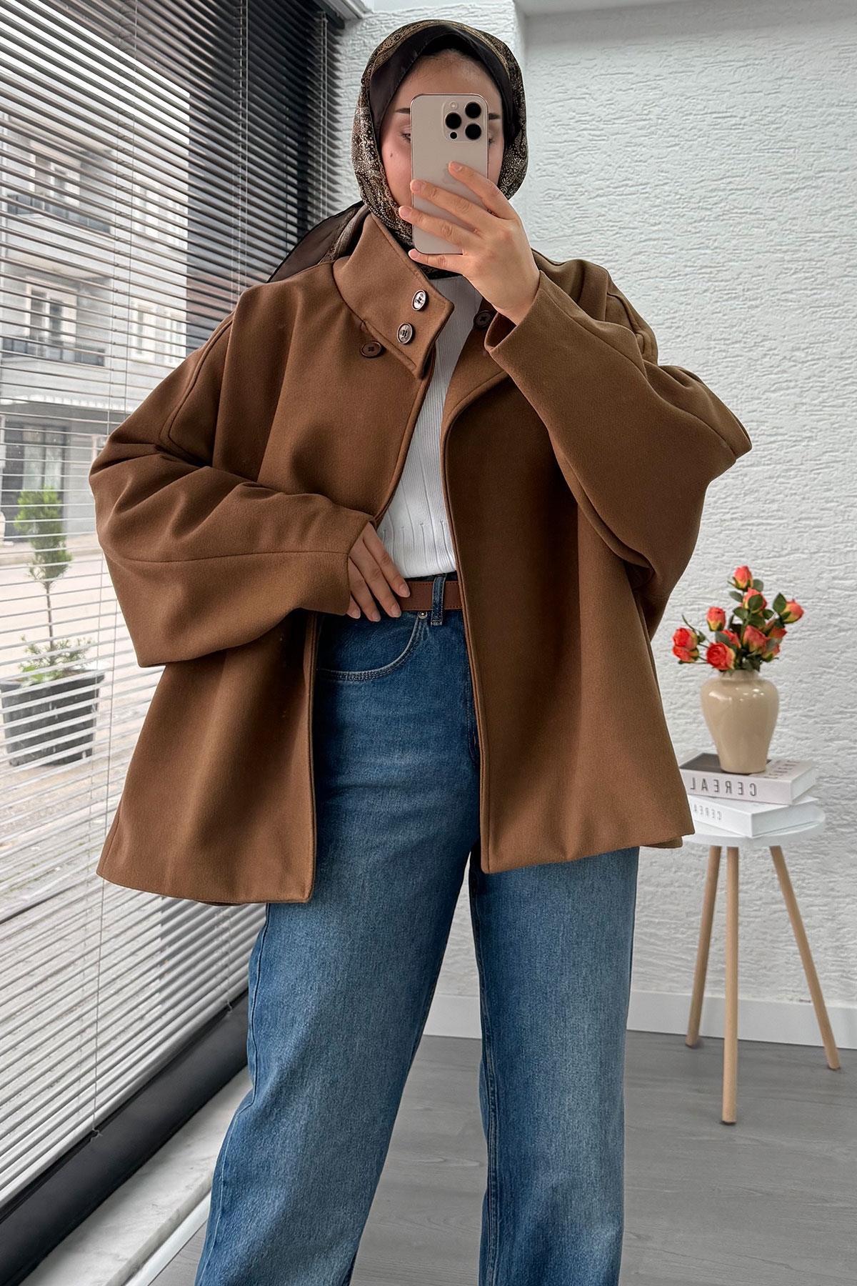MELEK ARAZ Premium Oversize Kaşe Panço Kaban - Taba görsel 3