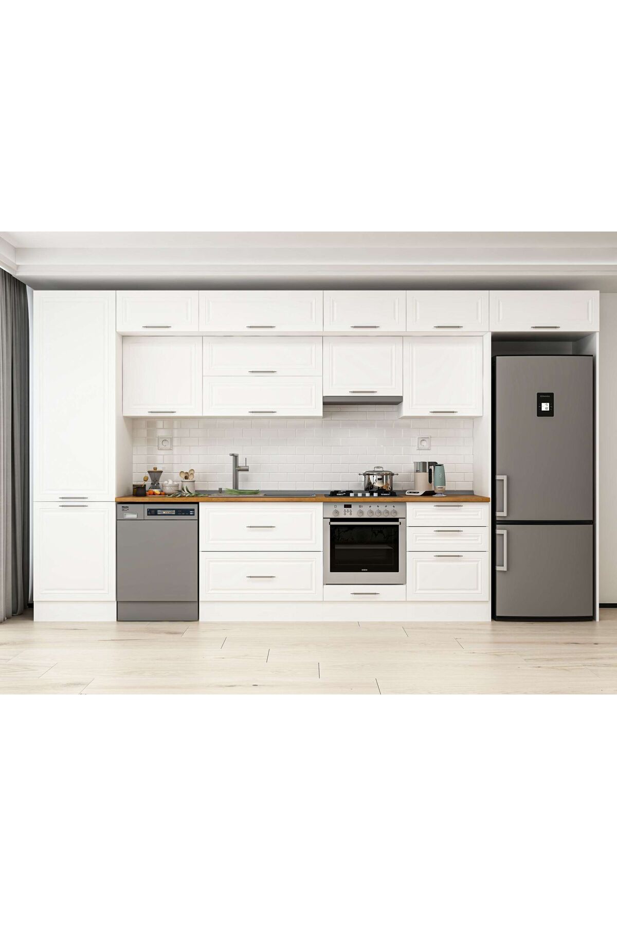 Alvinka 400X240 Cm Klasik Mebran Mutfak Dolabı Beyaz Beyaz Mbb