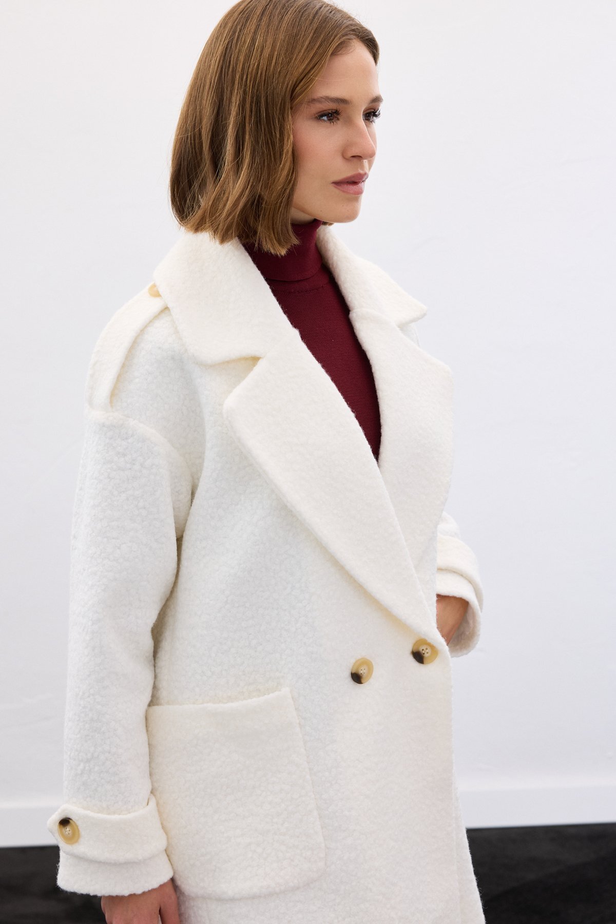 Sateen  Buklet Kısa Kaban - Ekru - Görsel 6