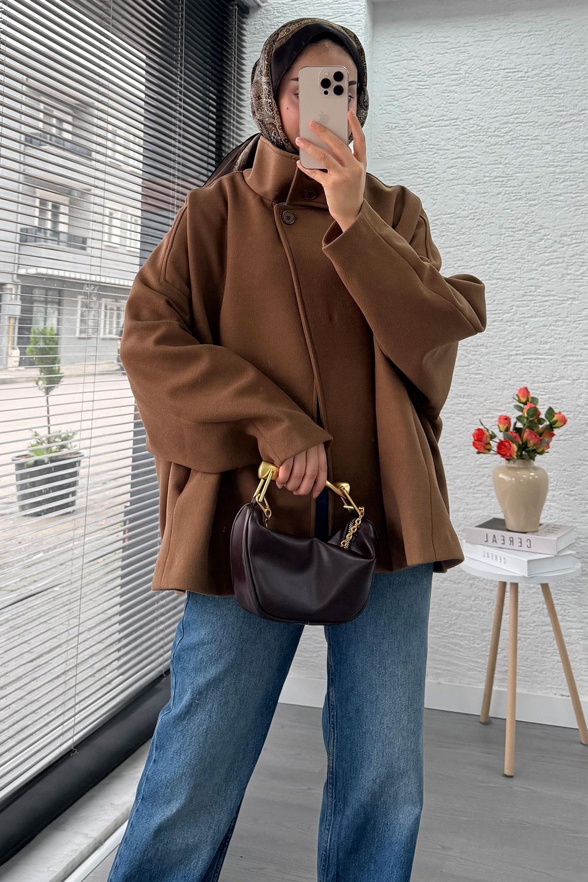 MELEK ARAZ Premium Oversize Kaşe Panço Kaban - Taba görsel 6